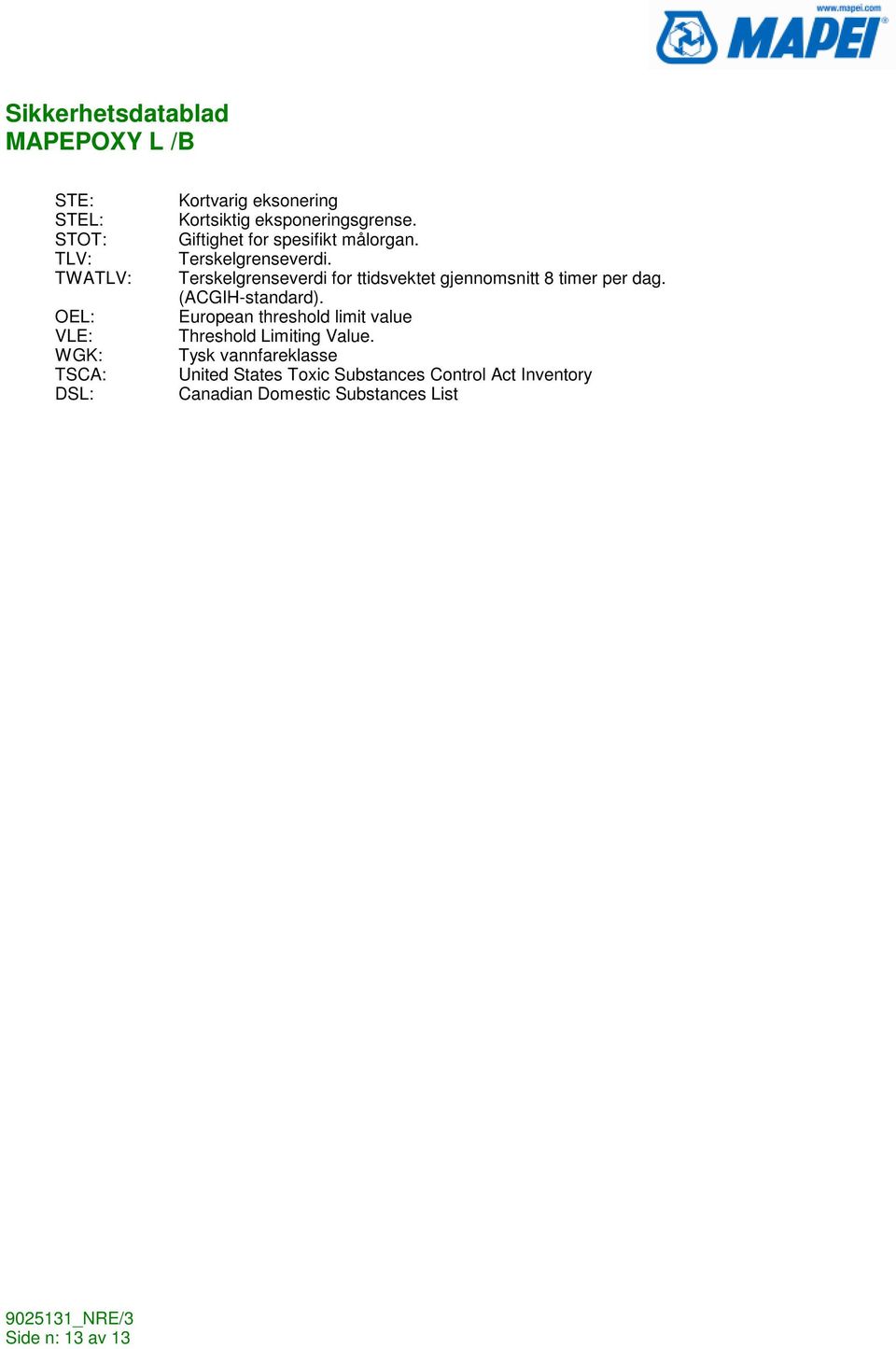 Terskelgrenseverdi for ttidsvektet gjennomsnitt 8 timer per dag. (ACGIH-standard).