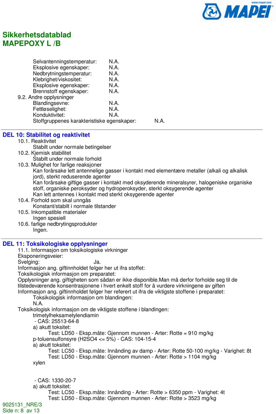 Kjemisk stabilitet Stabilt under normale forhold 10.3.