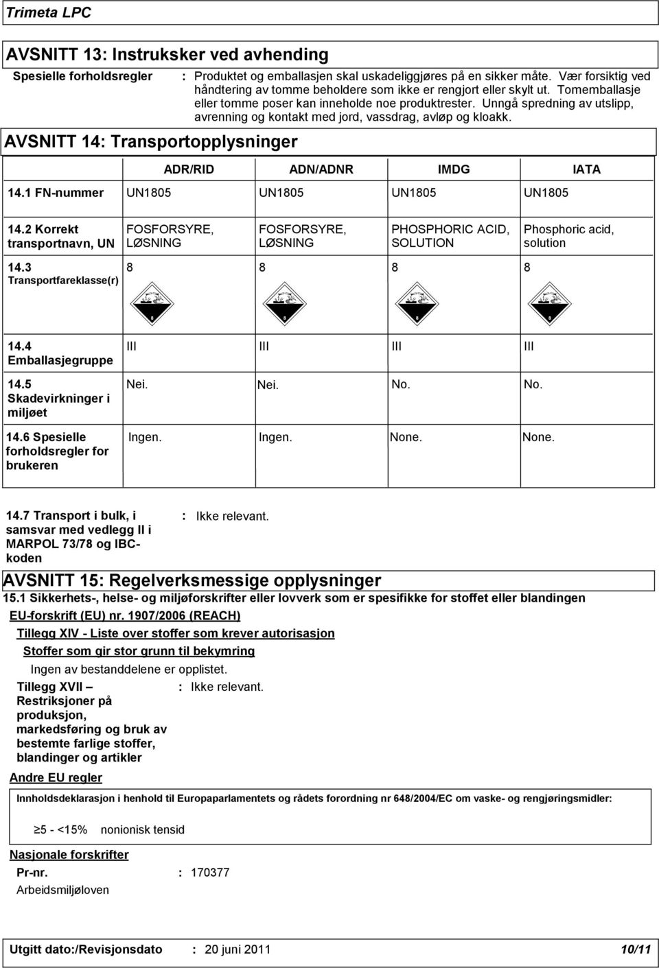 Unngå spredning av utslipp, avrenning og kontakt med jord, vassdrag, avløp og kloakk. AVSNITT 14: Transportopplysninger ADR/RID ADN/ADNR IMDG IATA 14.1 FN-nummer UN1805 UN1805 UN1805 UN1805 14.