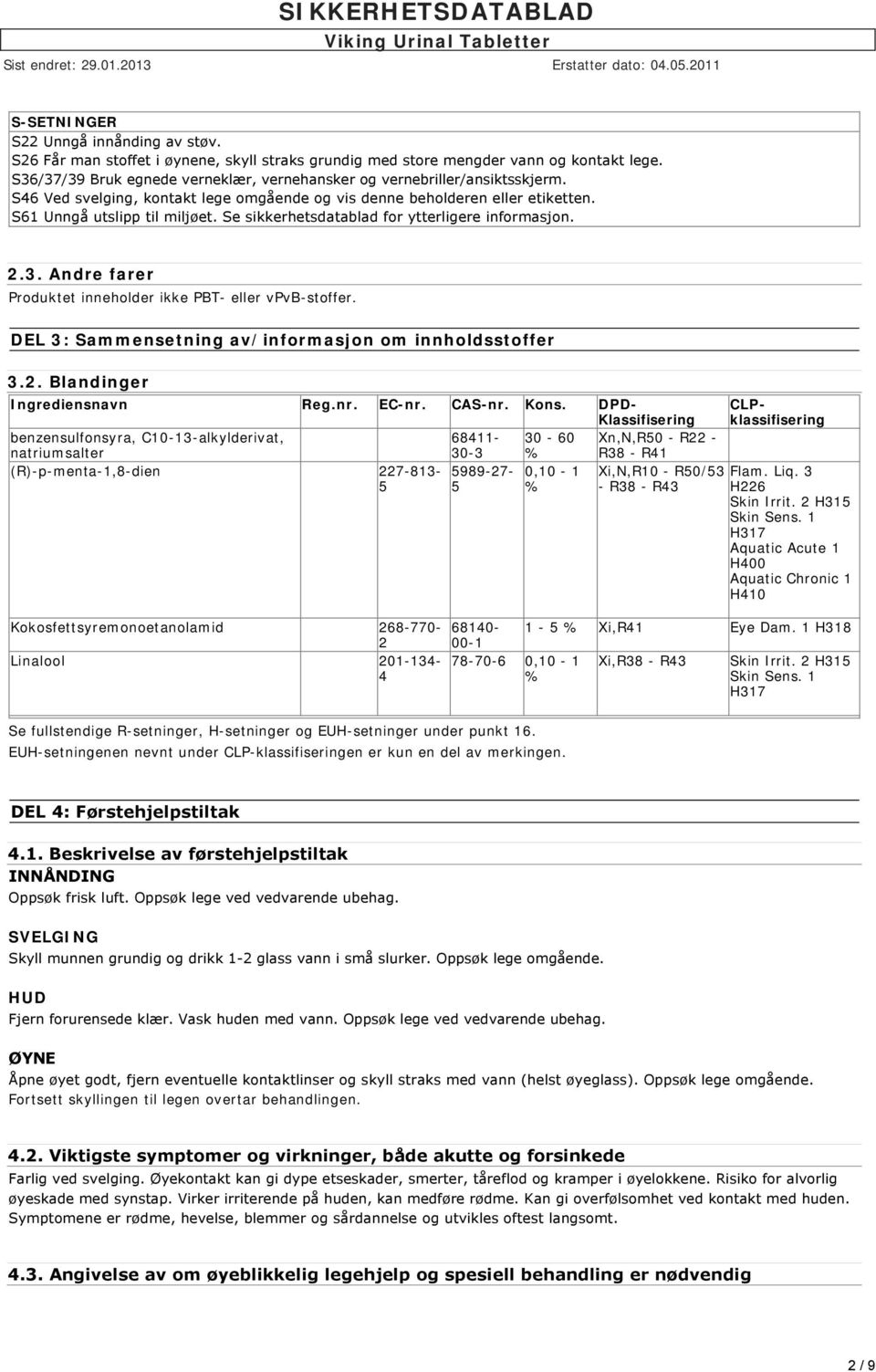 Se sikkerhetsdatablad for ytterligere informasjon. 2.3. Andre farer Produktet inneholder ikke PBT- eller vpvb-stoffer. DEL 3: Sammensetning av/informasjon om innholdsstoffer 3.2. Blandinger Ingrediensnavn Reg.