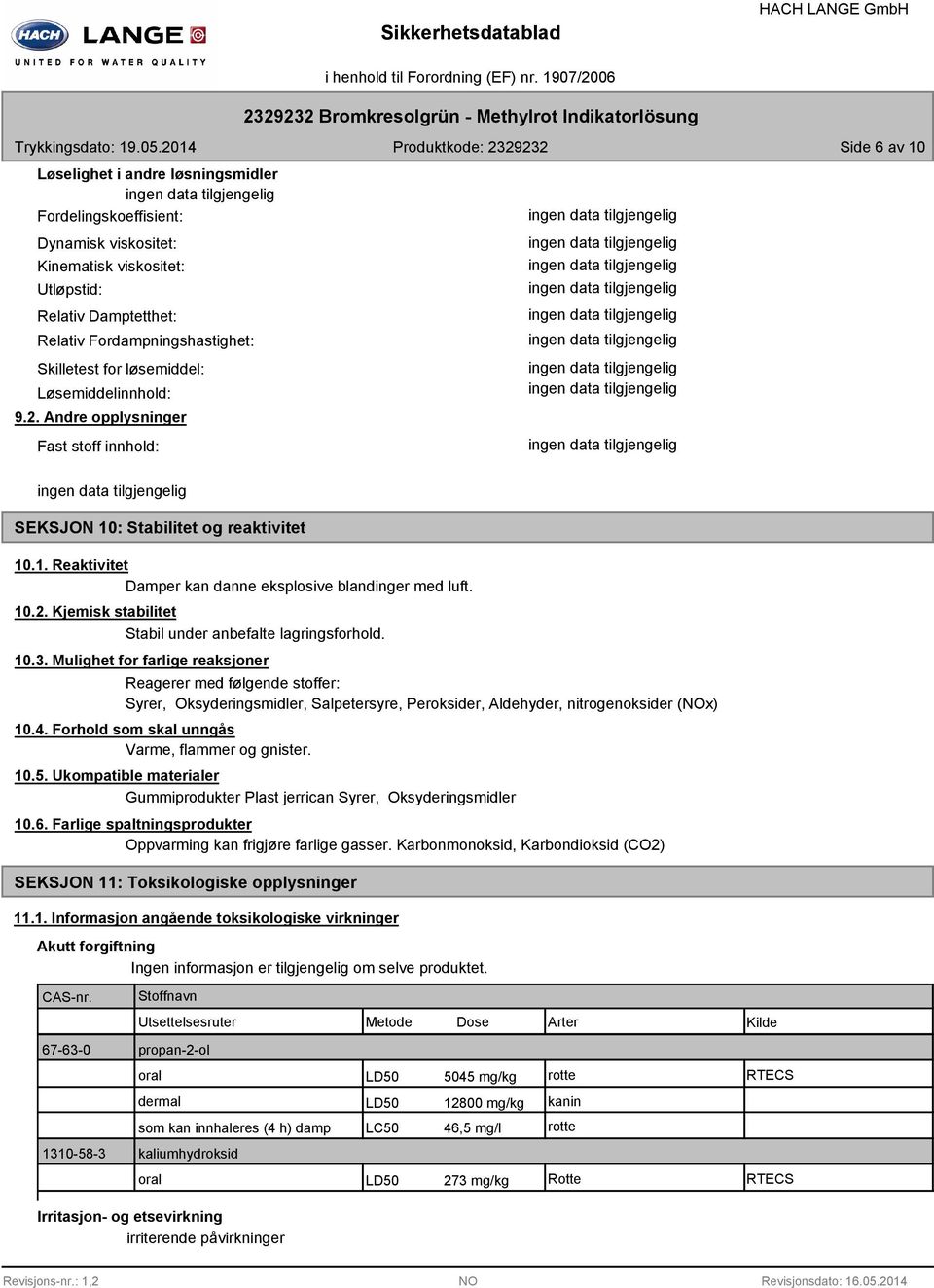 10.3. Mulighet for farlige reaksjoner Reagerer med følgende stoffer: Syrer, Oksyderingsmidler, Salpetersyre, Peroksider, Aldehyder, nitrogenoksider (NOx) 10.4.