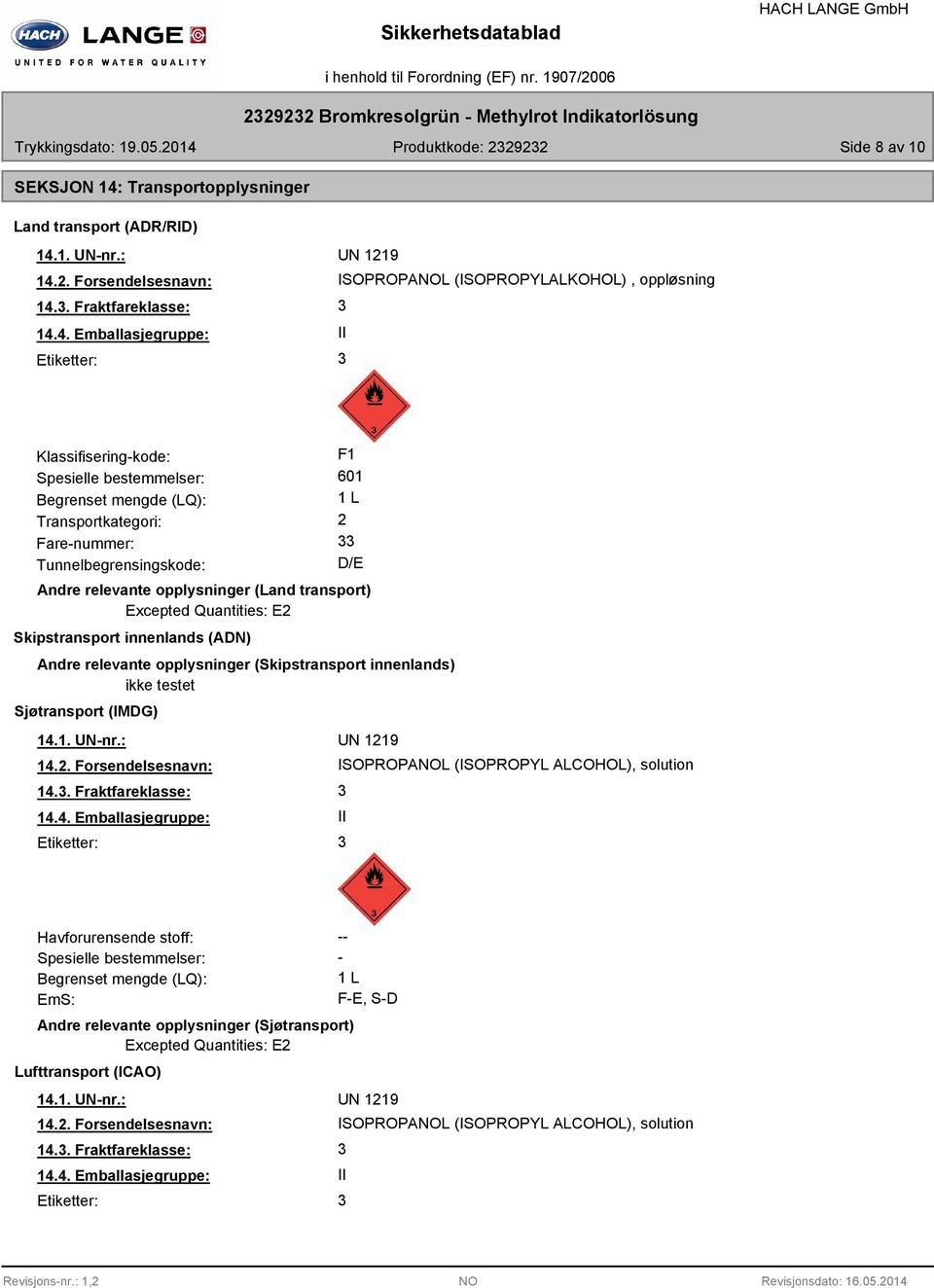 1. UN-nr.: UN 1219 14.