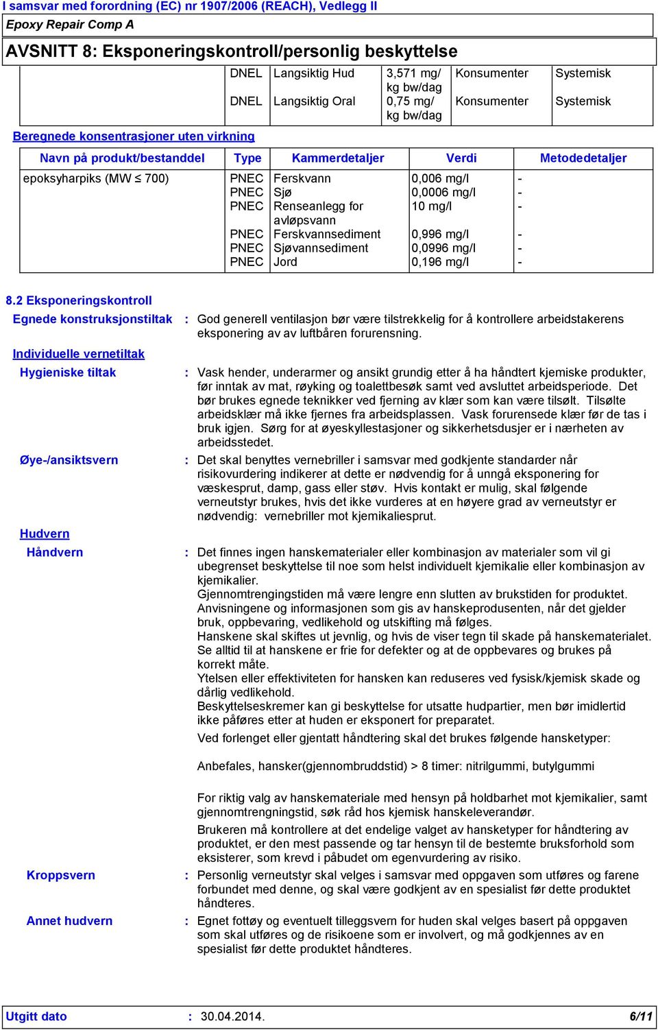 avløpsvann PNEC Ferskvannsediment 0,996 mg/l - PNEC Sjøvannsediment 0,0996 mg/l - PNEC Jord 0,196 mg/l - 8.