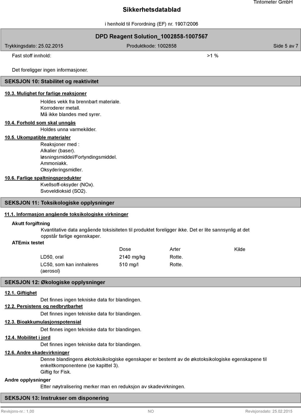 Ammoniakk. Oksyderingsmidler. 10.6. Farlige spaltningsprodukter Kvellsoff-oksyder (NOx). Svoveldioksid (SO2). SEKSJON 11: Toksikologiske opplysninger 11.1. Informasjon angående toksikologiske virkninger Akutt forgiftning Kvantitative data angående toksisiteten til produktet foreligger ikke.