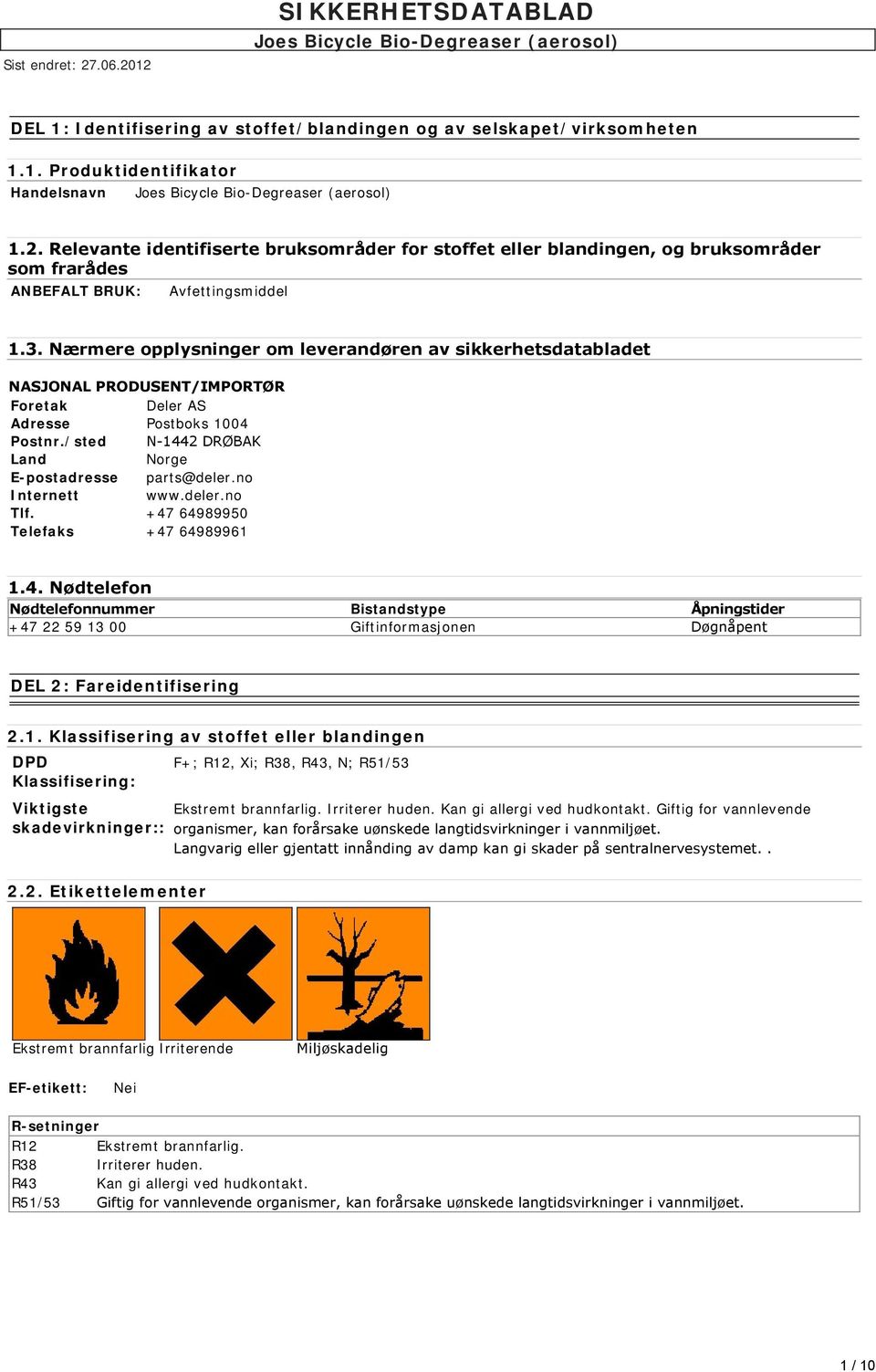 Nærmere opplysninger om leverandøren av sikkerhetsdatabladet NASJONAL PRODUSENT/IMPORTØR Foretak Deler AS Adresse Postboks 1004 Postnr./sted N 1442 DRØBAK Land Norge E-postadresse parts@deler.