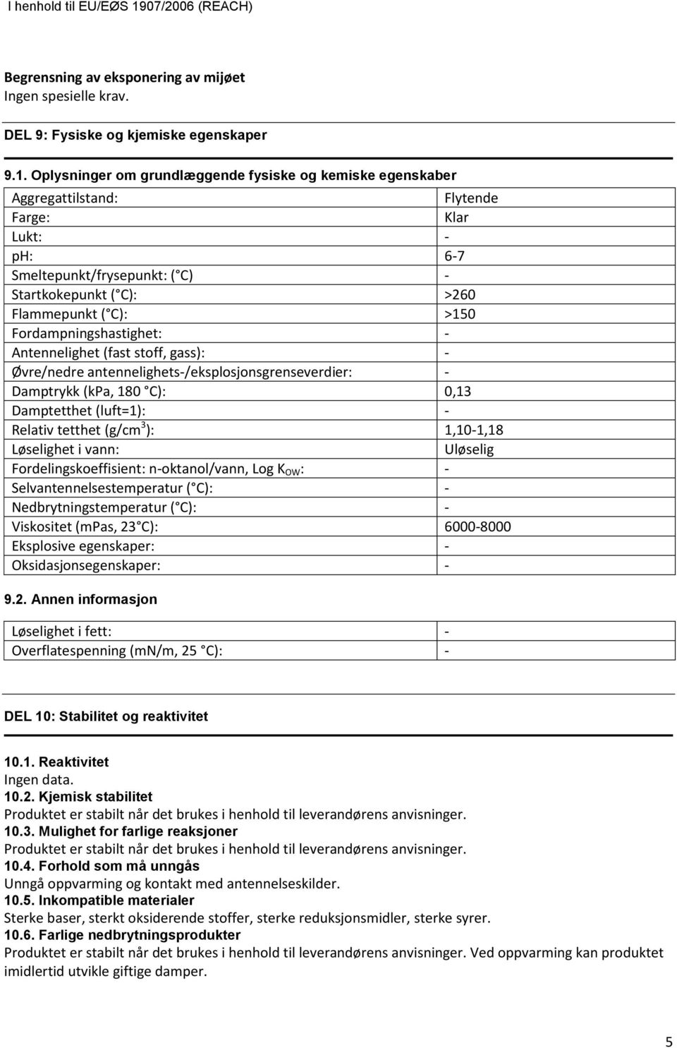 Fordampningshastighet: Antennelighet (fast stoff, gass): Øvre/nedre antennelighets/eksplosjonsgrenseverdier: Damptrykk (kpa, 180 C): 0,13 Damptetthet (luft=1): Relativ tetthet (g/cm 3 ): 1,101,18