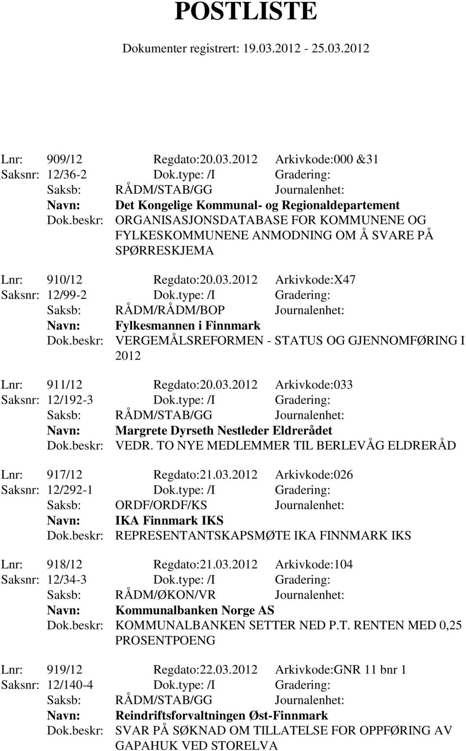 beskr: VERGEMÅLSREFORMEN - STATUS OG GJENNOMFØRING I 2012 Lnr: 911/12 Regdato:20.03.2012 Arkivkode:033 Saksnr: 12/192-3 Dok.type: /I Gradering: Navn: Margrete Dyrseth Nestleder Eldrerådet Dok.