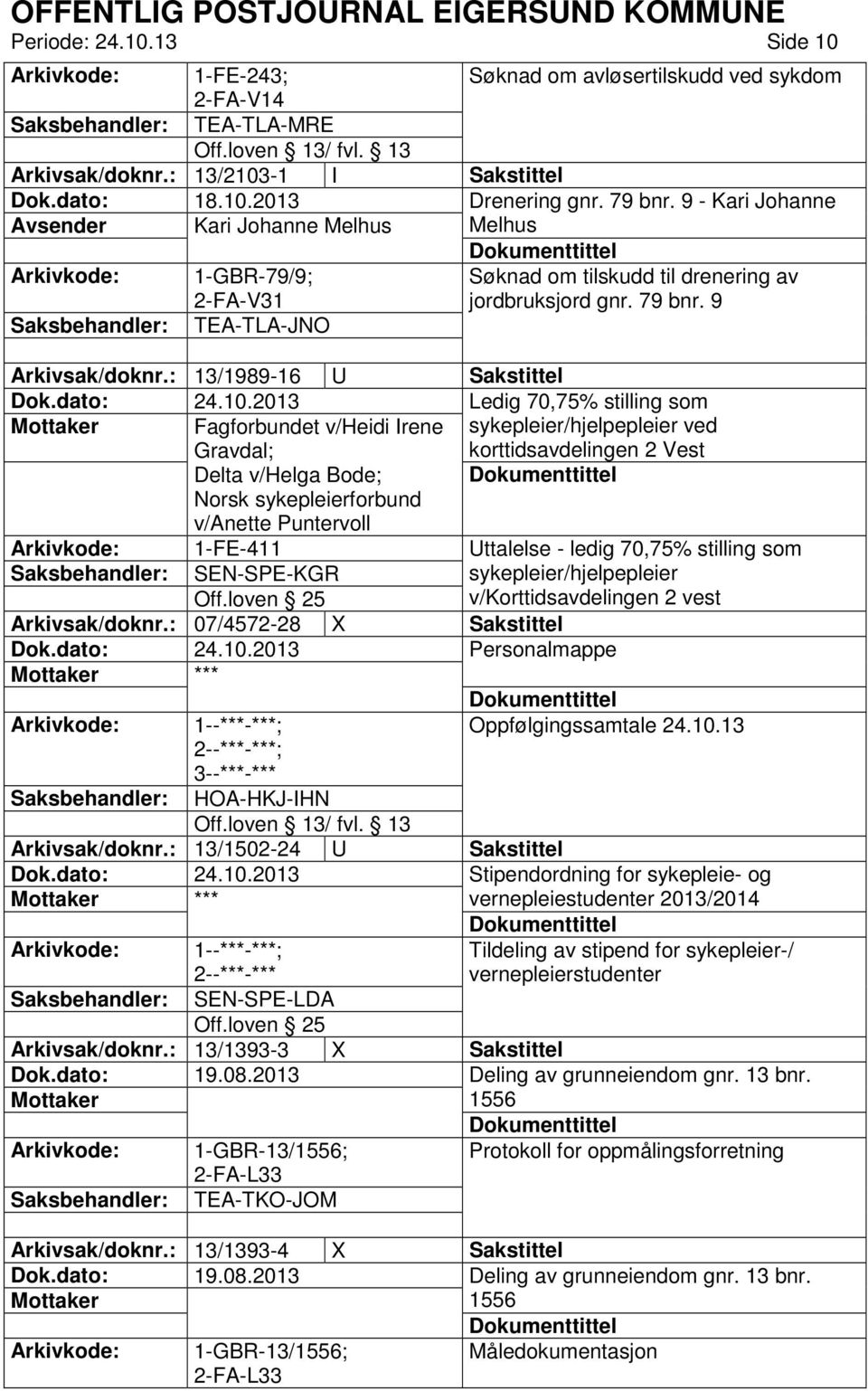 : 13/1989-16 U Sakstittel Ledig 70,75% stilling som Fagforbundet v/heidi Irene Gravdal; Delta v/helga Bode; sykepleier/hjelpepleier ved korttidsavdelingen 2 Vest Norsk sykepleierforbund v/anette