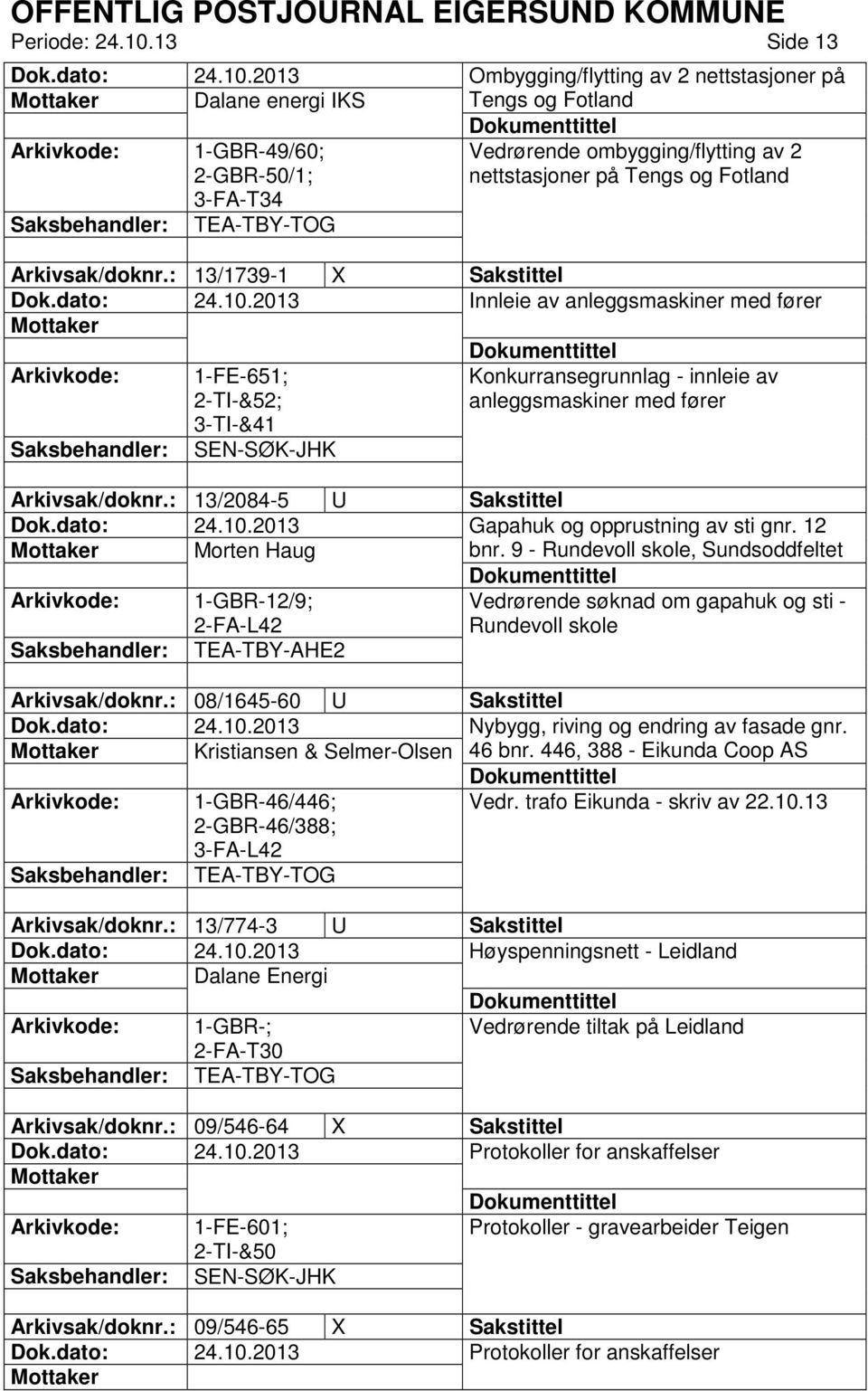 Fotland Arkivsak/doknr.: 13/1739-1 X Sakstittel Innleie av anleggsmaskiner med fører 1-FE-651; 2-TI-&52; 3-TI-&41 Konkurransegrunnlag - innleie av anleggsmaskiner med fører SEN-SØK-JHK Arkivsak/doknr.