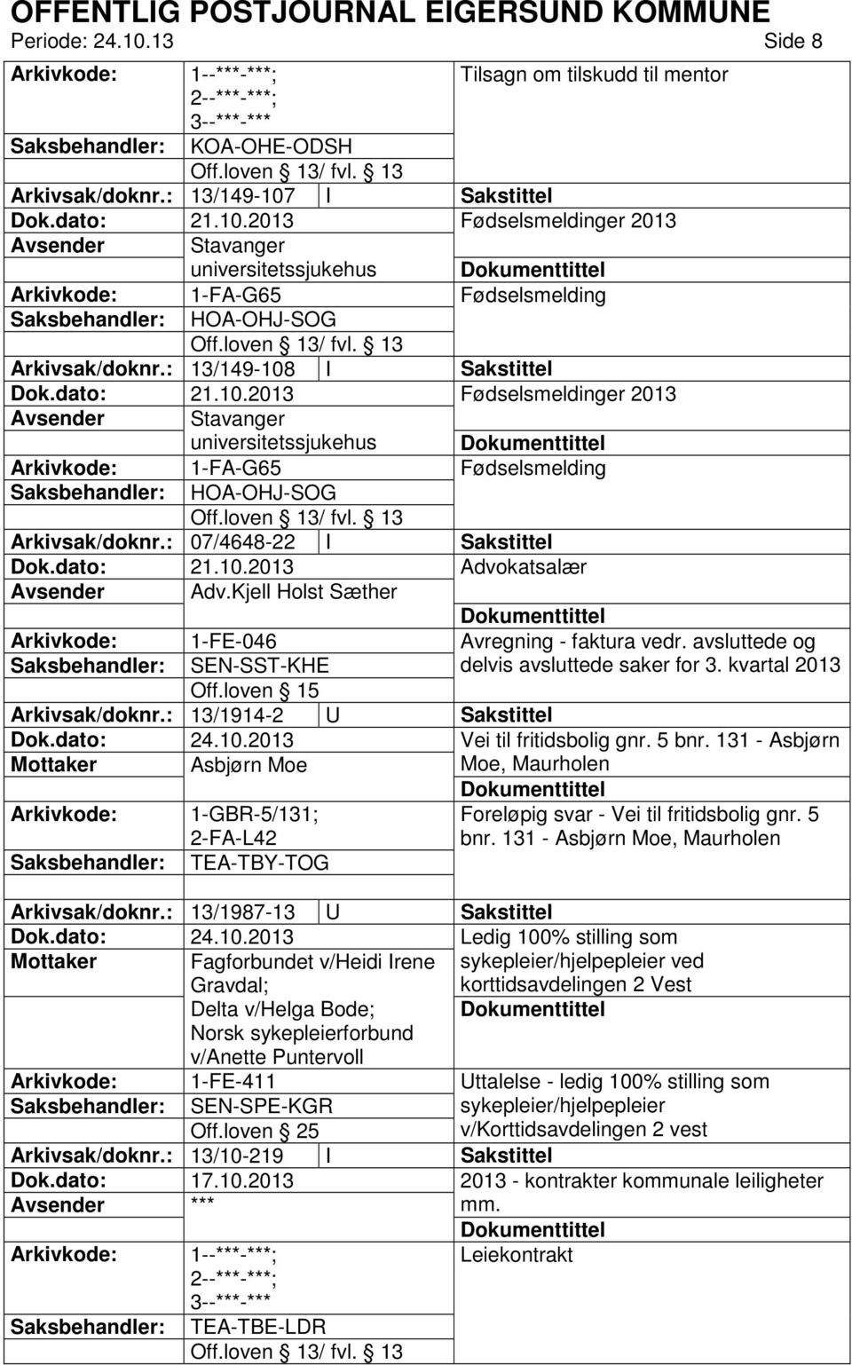 Kjell Holst Sæther 1-FE-046 Avregning - faktura vedr. avsluttede og SEN-SST-KHE delvis avsluttede saker for 3. kvartal 2013 Off.loven 15 Arkivsak/doknr.