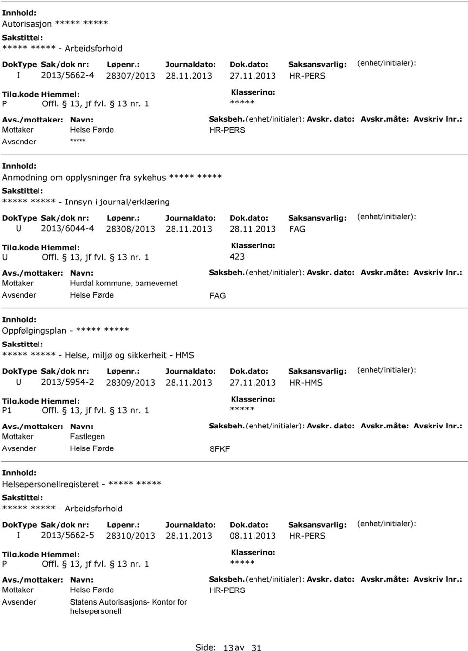 : Mottaker Hurdal kommune, barnevernet Oppfølgingsplan - - Helse, miljø og sikkerheit - HMS 2013/5954-2 28309/2013 HR-HMS 1 Avs./mottaker: Navn: Saksbeh. Avskr. dato: Avskr.