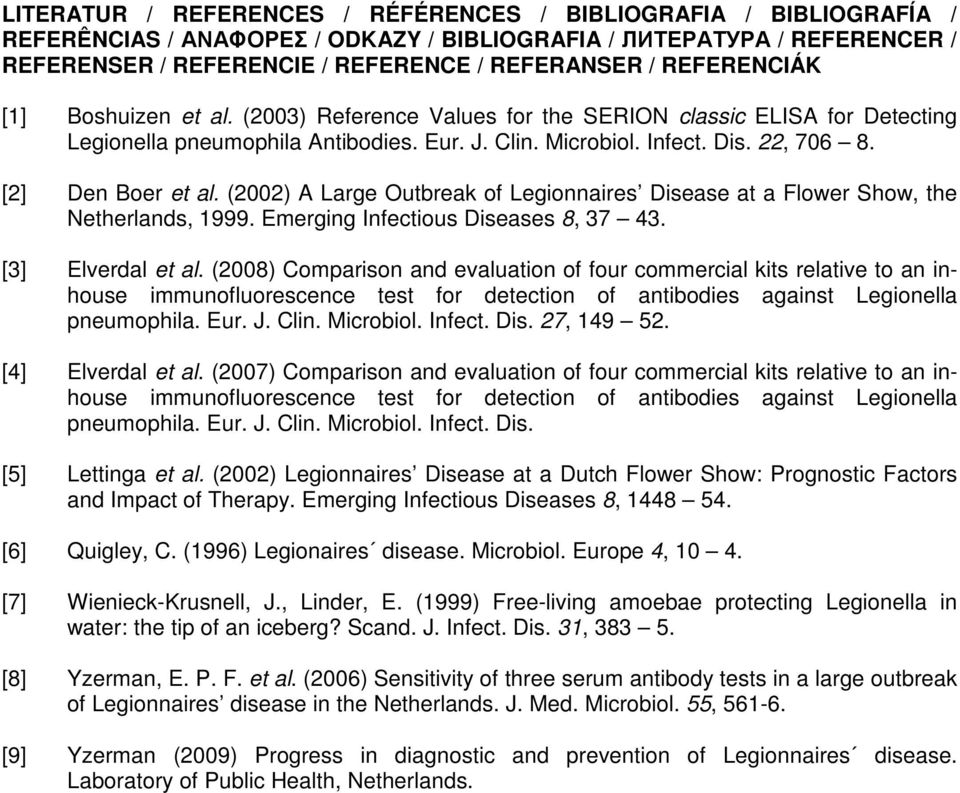 [2] Den Boer et al. (2002) A Large Outbreak of Legionnaires Disease at a Flower Show, the Netherlands, 1999. Emerging Infectious Diseases 8, 37 43. [3] Elverdal et al.