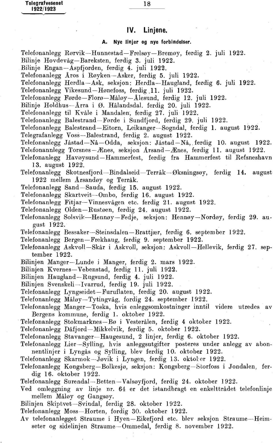 juli 1922. Bilinje HoldhusÅrra i ø. Hålandsdal. ferdig 2. juli 1922. Telefonanlegg til Kvåle i Mandalen, ferdig 27. juli 1922. Telefonanlegg BalestrandFørde i Sundfjord, ferdig 29. juli 1922. Telefonanlegg BalestrandEitorn, LeikangerSogndal, ferdig 1.