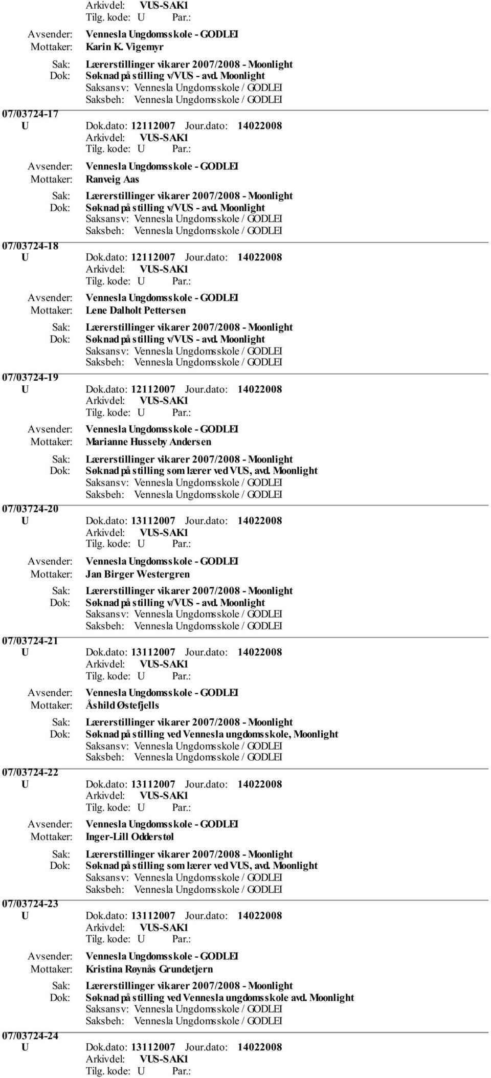 Moonlight 07/03724-20 U Dok.dato: 13112007 Jour.dato: Jan Birger Westergren Søknad på stilling v/vus - avd. Moonlight 07/03724-21 U Dok.dato: 13112007 Jour.dato: Åshild Østefjells Søknad på stilling ved Vennesla ungdomsskole, Moonlight 07/03724-22 U Dok.