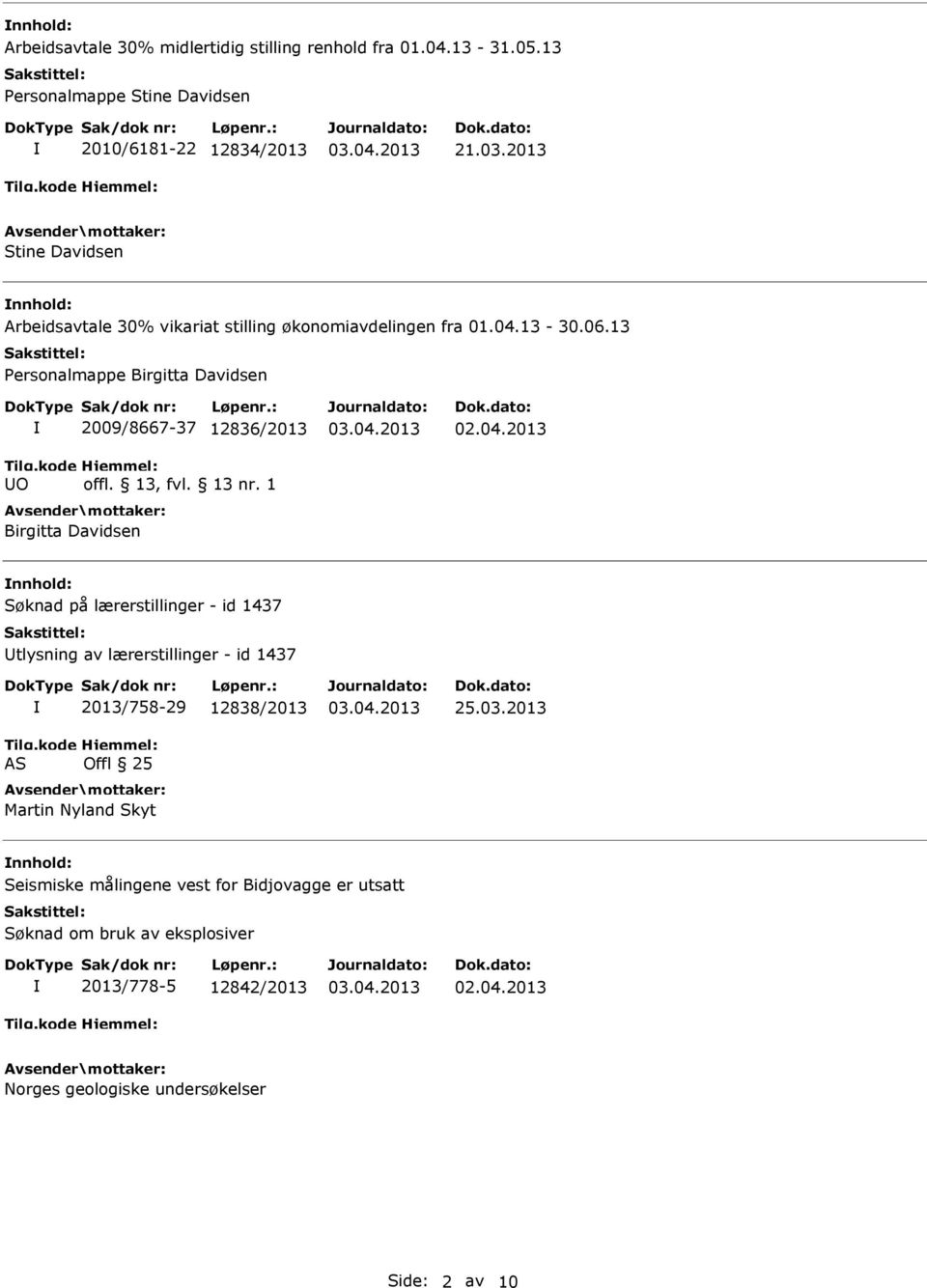 13 Personalmappe Birgitta Davidsen 2009/8667-37 12836/2013 Birgitta Davidsen nnhold: Søknad på lærerstillinger - id 1437 Utlysning av lærerstillinger -