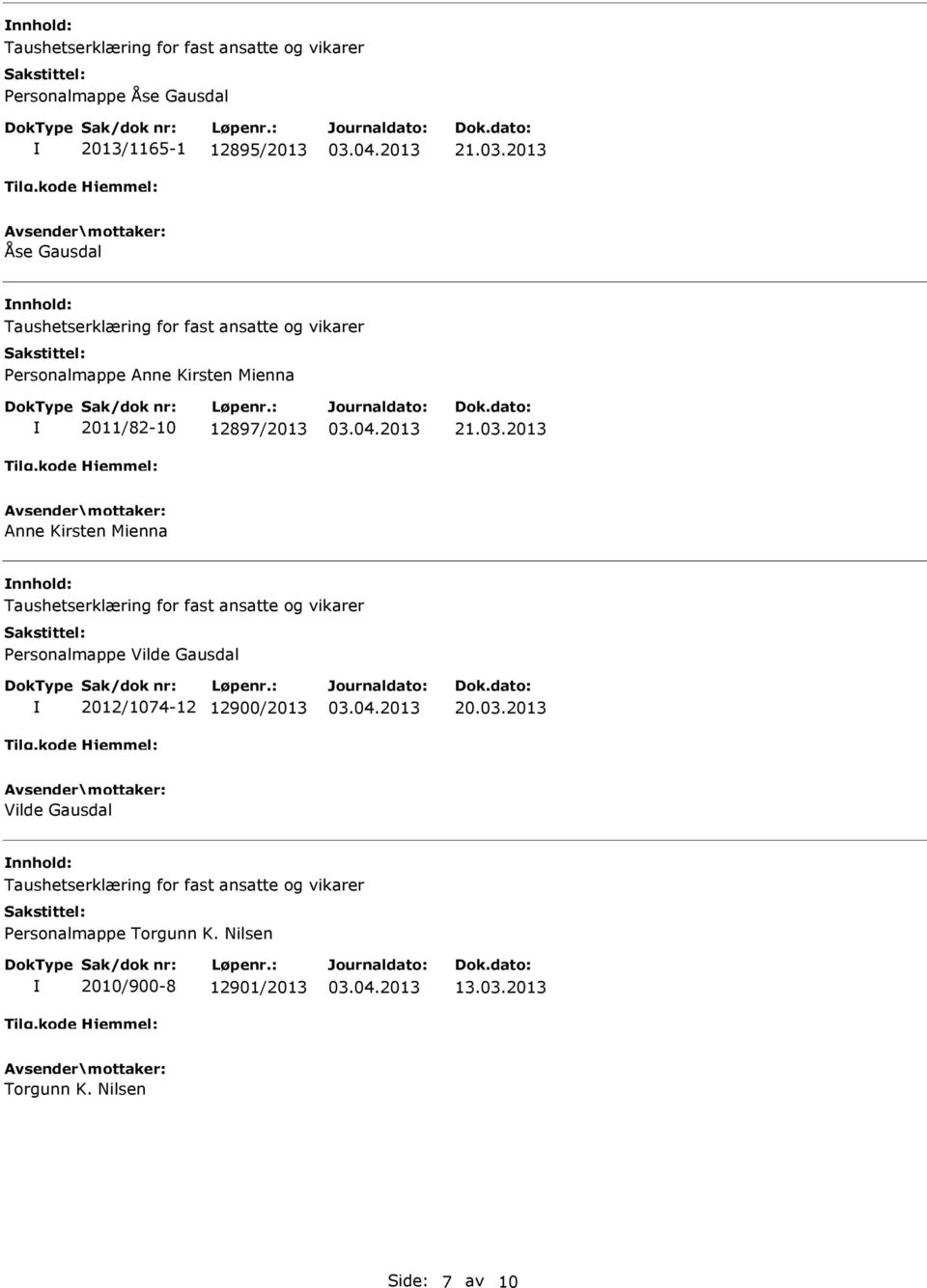 Personalmappe Vilde Gausdal 2012/1074-12 12900/2013 20.03.