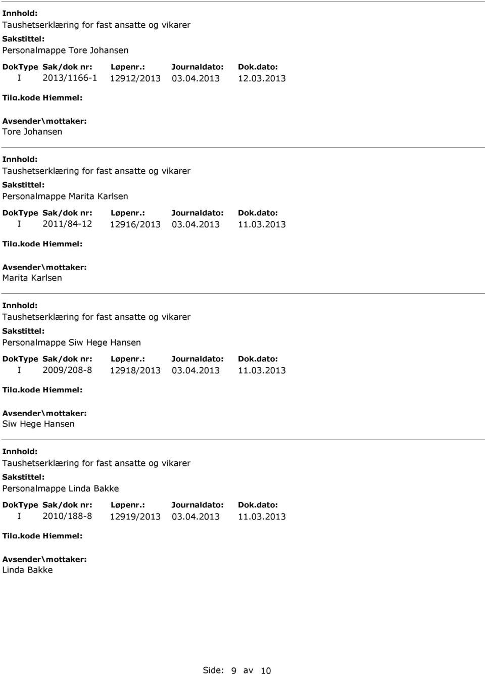 2013 Marita Karlsen nnhold: Personalmappe Siw Hege Hansen 2009/208-8 12918/2013 11.03.