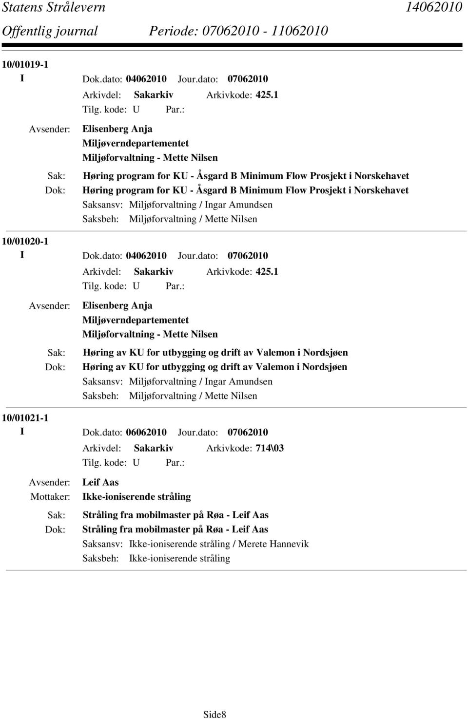 Norskehavet Saksbeh: Miljøforvaltning / Mette Nilsen 10/01020-1 I Dok.dato: 04062010 Jour.dato: 07062010 Arkivdel: Sakarkiv Arkivkode: 425.