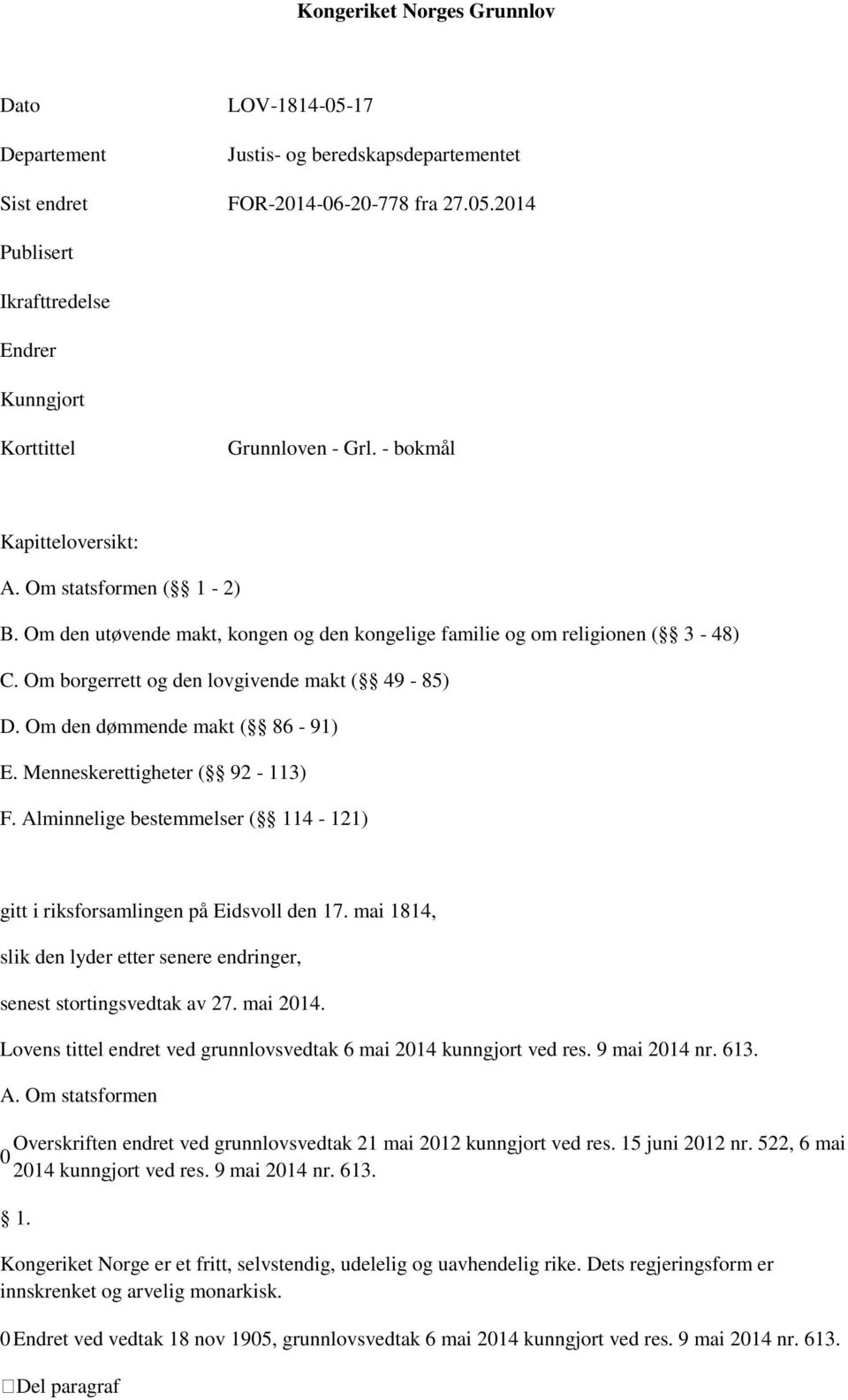 Om den dømmende makt ( 86-91) E. Menneskerettigheter ( 92-113) F. Alminnelige bestemmelser ( 114-121) gitt i riksforsamlingen på Eidsvoll den 17.