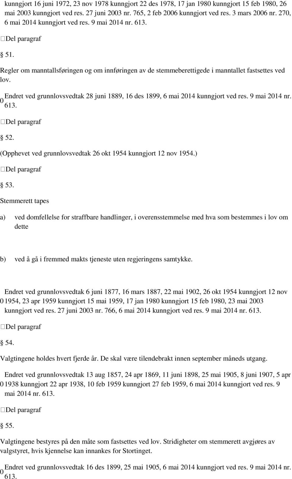 Endret ved grunnlovsvedtak 28 juni 1889, 16 des 1899, 6 mai 214 kunngjort ved res. 9 mai 214 nr. 613. 52. (Opphevet ved grunnlovsvedtak 26 okt 1954 kunngjort 12 nov 1954.) 53.