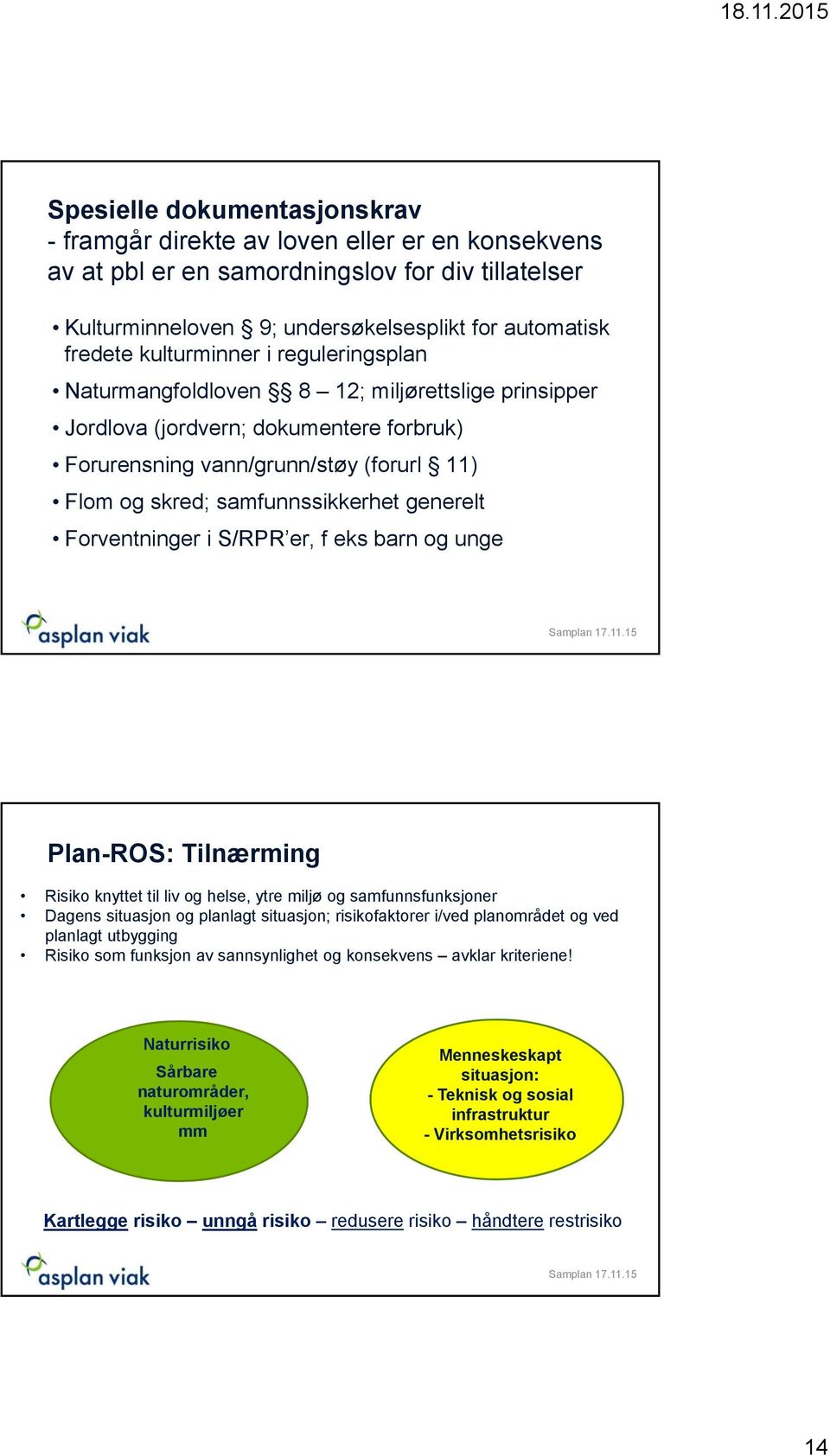 generelt Forventninger i S/RPR er, f eks barn og unge Plan-ROS: Tilnærming Risiko knyttet til liv og helse, ytre miljø og samfunnsfunksjoner Dagens situasjon og planlagt situasjon; risikofaktorer