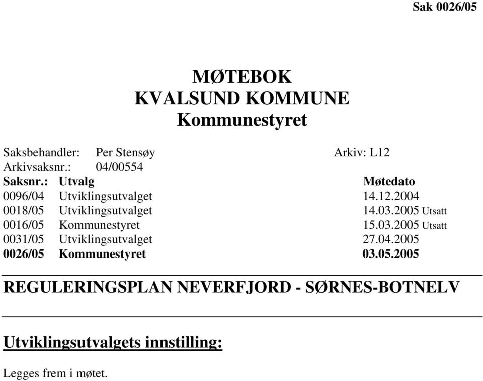 2005 Utsatt 0016/05 Kommunestyret 15.03.2005 Utsatt 0031/05 Utviklingsutvalget 27.04.