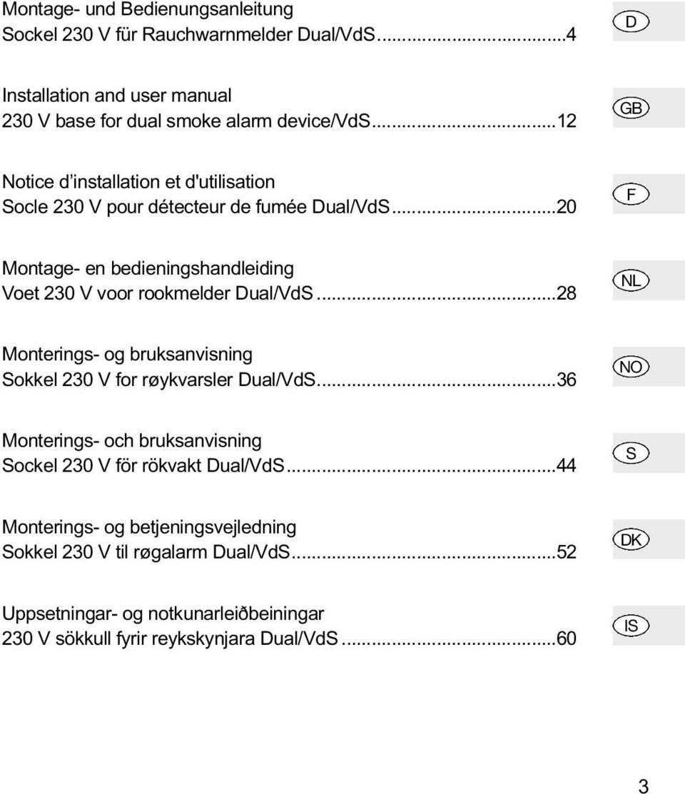 ..20 F Montage- en bedieningshandleiding Voet 230 V voor rookmelder Dual/VdS...28 NL Monterings- og bruksanvisning Sokkel 230 V for røykvarsler Dual/VdS.