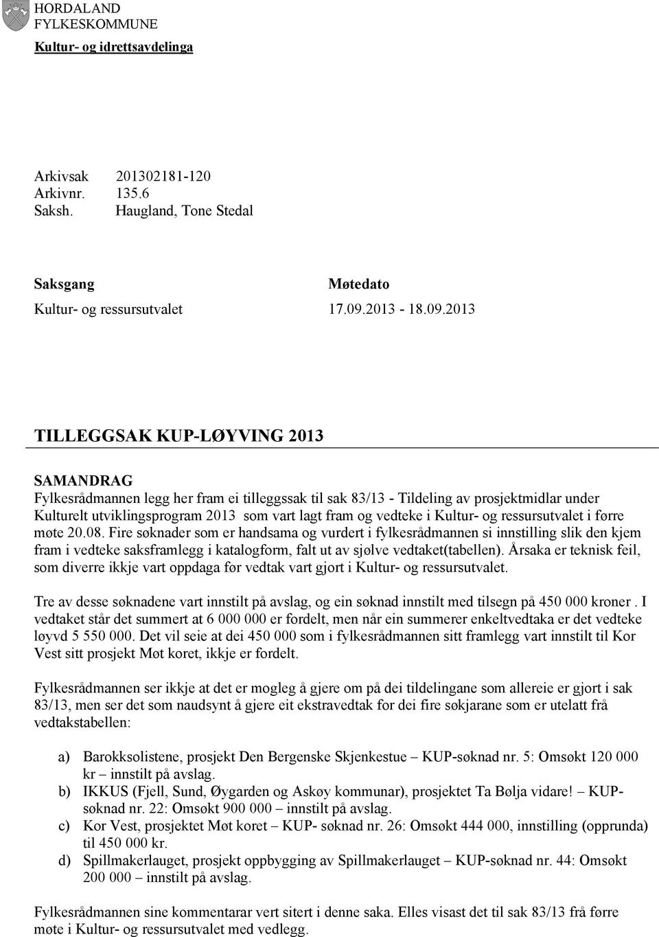 2013 TILLEGGSAK KUP-LØYVING 2013 SAMANDRAG Fylkesrådmannen legg her fram ei tilleggssak til sak 83/13 - Tildeling av prosjektmidlar under Kulturelt utviklingsprogram 2013 som vart lagt fram og