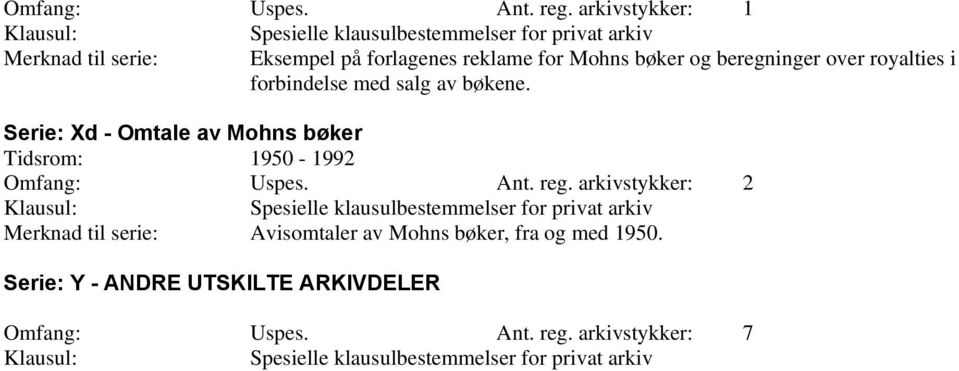 Serie: Xd - Omtale av Mohns bøker 1950-1992 Omfang: Uspes. Ant. reg.