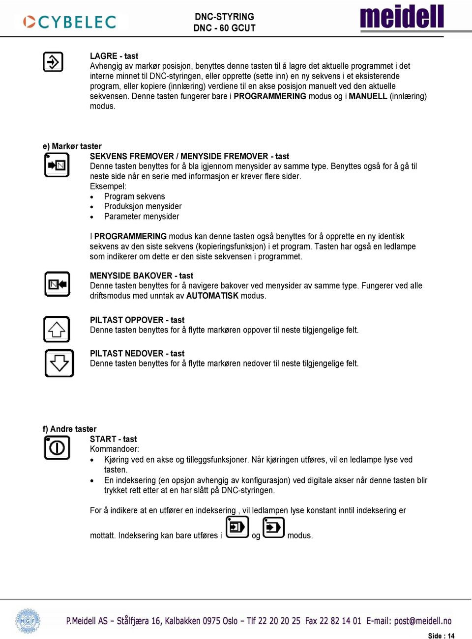 e) Markør taster SEKVENS FREMOVER / MENYSIDE FREMOVER - tast Denne tasten benyttes for å bla igjennom menysider av samme type.