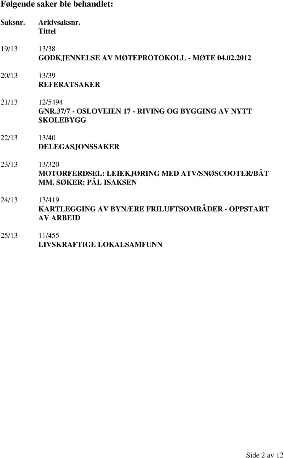 37/7 - OSLOVEIEN 17 - RIVING OG BYGGING AV NYTT SKOLEBYGG 22/13 13/40 DELEGASJONSSAKER 23/13 13/320 MOTORFERDSEL: