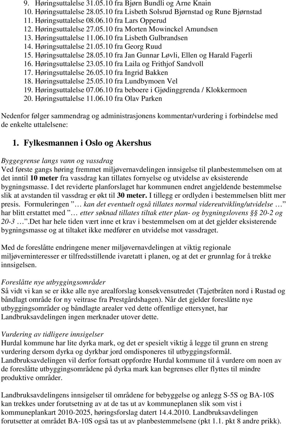 Høringsuttalelse 23.05.10 fra Laila og Frithjof Sandvoll 17. Høringsuttalelse 26.05.10 fra Ingrid Bakken 18. Høringsuttalelse 25.05.10 fra Lundbymoen Vel 19. Høringsuttalelse 07.06.