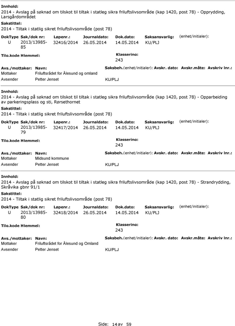 : Mottaker Friluftsrådet for Ålesund og omland K/PLJ 2014 - Avslag på søknad om tilskot til tiltak i statleg sikra friluftslivsområde (kap 1420, post 78) - Opparbeiding av parkeringsplass og sti,