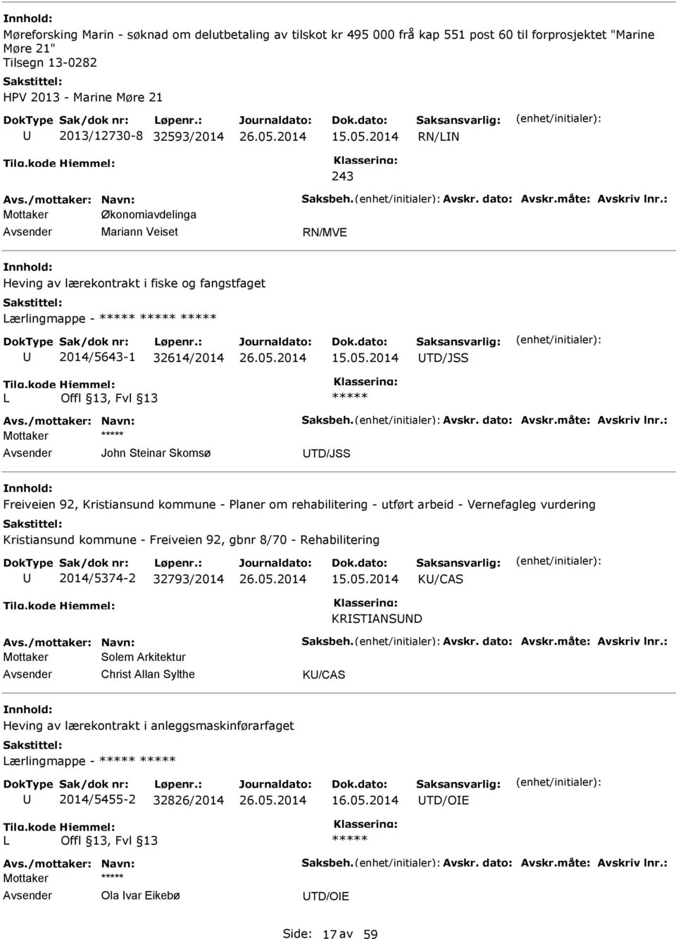 : Mottaker Økonomiavdelinga Mariann Veiset RN/MVE Heving av lærekontrakt i fiske og fangstfaget Lærlingmappe - ***** ***** ***** 2014/5643-1 32614/2014 15.05.2014 TD/JSS L ***** Avs.