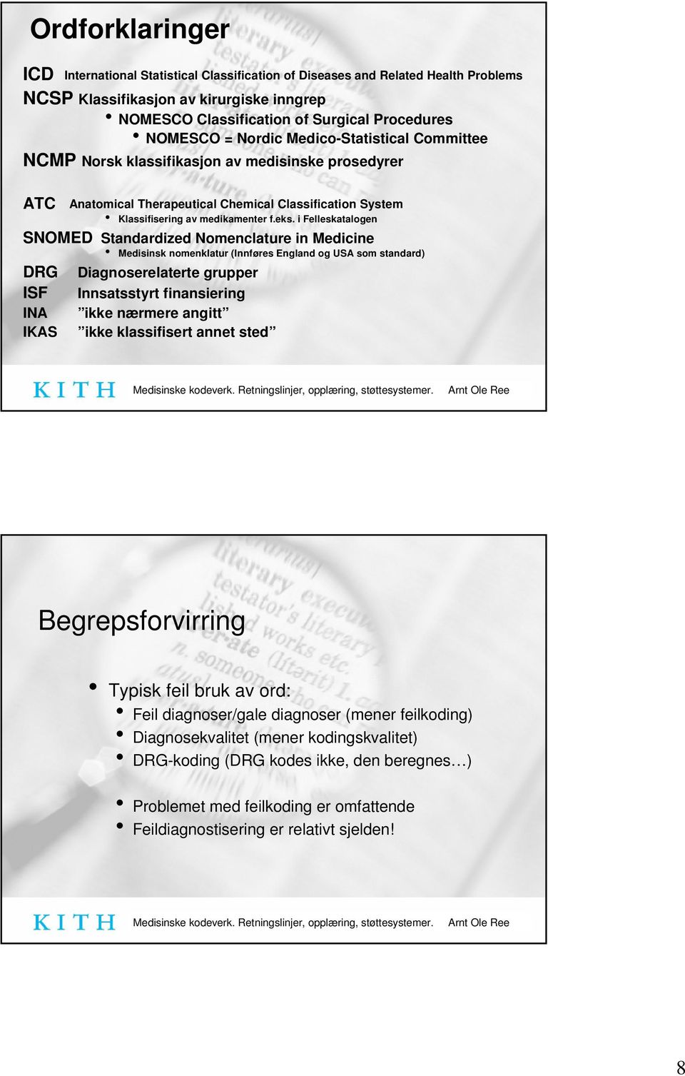 i Felleskatalogen SNOMED Standardized Nomenclature in Medicine DRG ISF INA IKAS Medisinsk nomenklatur (Innføres England og USA som standard) Diagnoserelaterte grupper Innsatsstyrt finansiering ikke