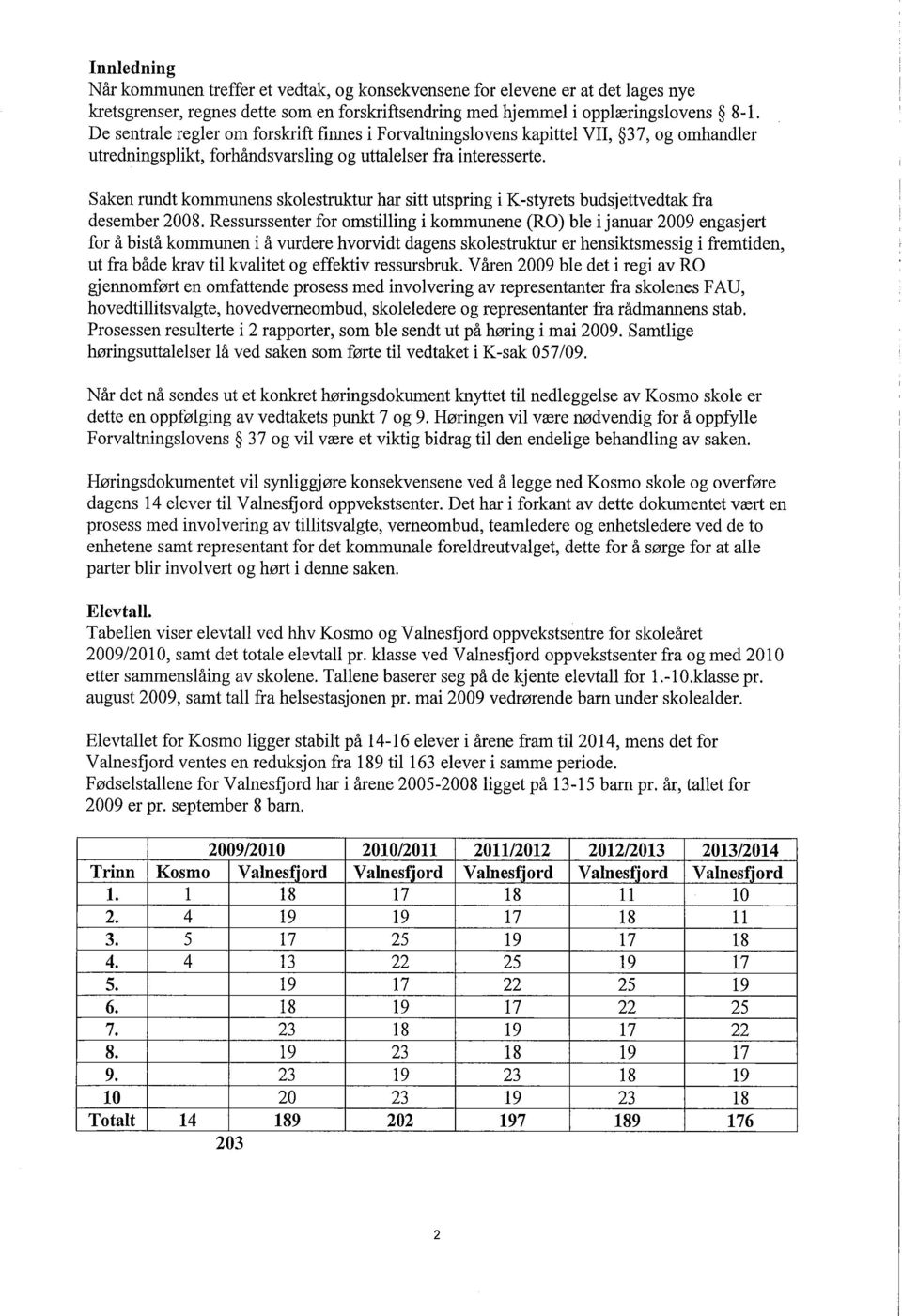 Saken rundt kommunens skolestruktur har sitt utspring i K-styrets budsjettvedtak fra desember 2008.