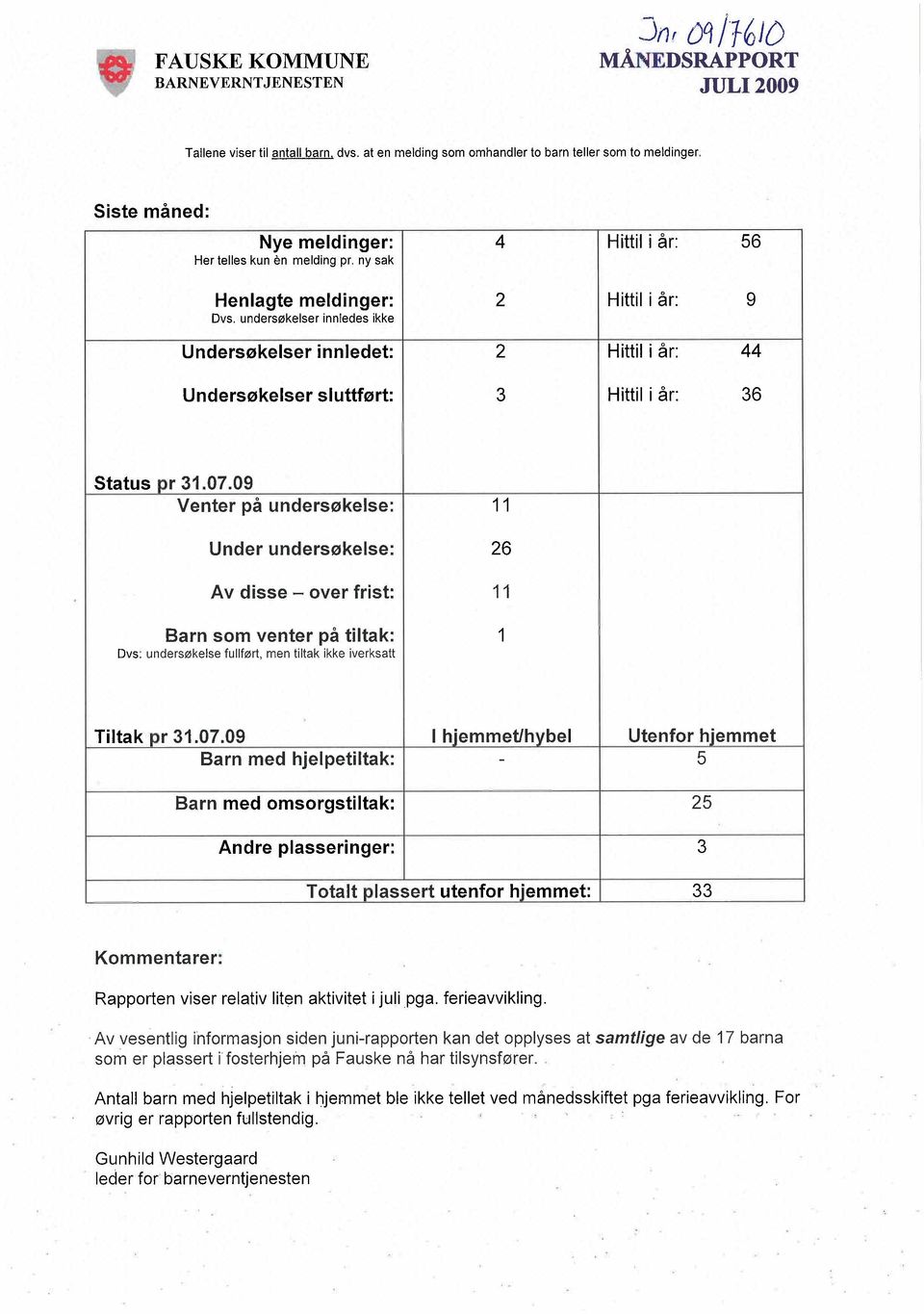 undersøkelser innledes ikke Undersøkelser innledet: 2 Hittil i år: 44 Undersøkelser sluttført: 3 Hittil i år: 36 Status pr 31.07.