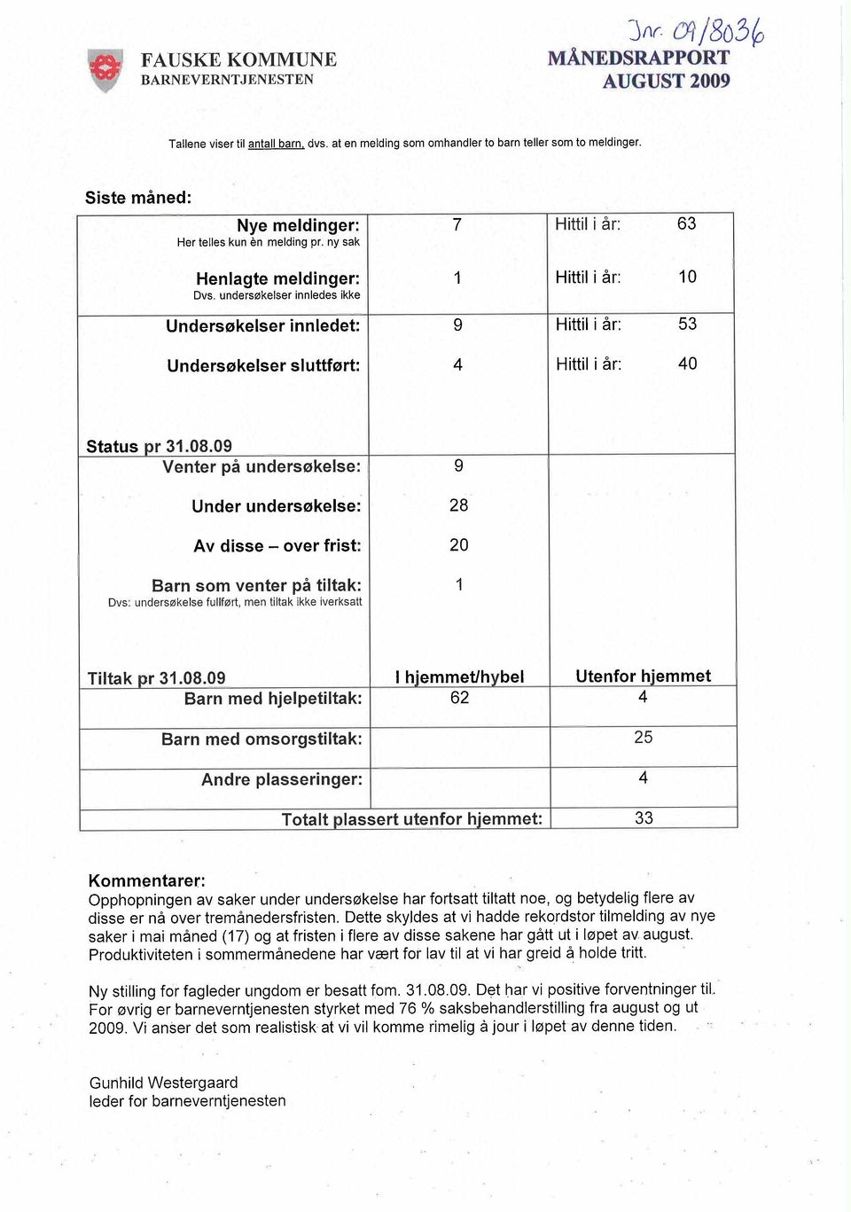 undersøkelser innledes ikke Undersøkelser innledet: 9 Hittil i år: 53 Undersøkelser sluttført: 4 Hittil i år: 40 Status pr 31.08.