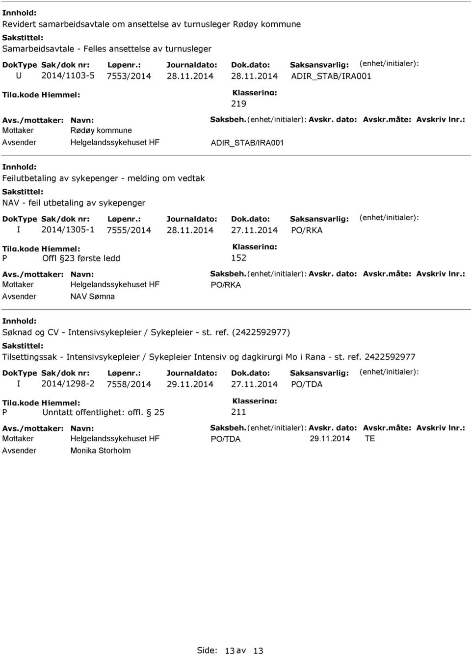 : Mottaker Rødøy kommune Helgelandssykehuset HF ADR_STAB/RA001 nnhold: Feilutbetaling av sykepenger - melding om vedtak NAV - feil utbetaling av sykepenger 2014/1305-1 7555/2014 27.11.