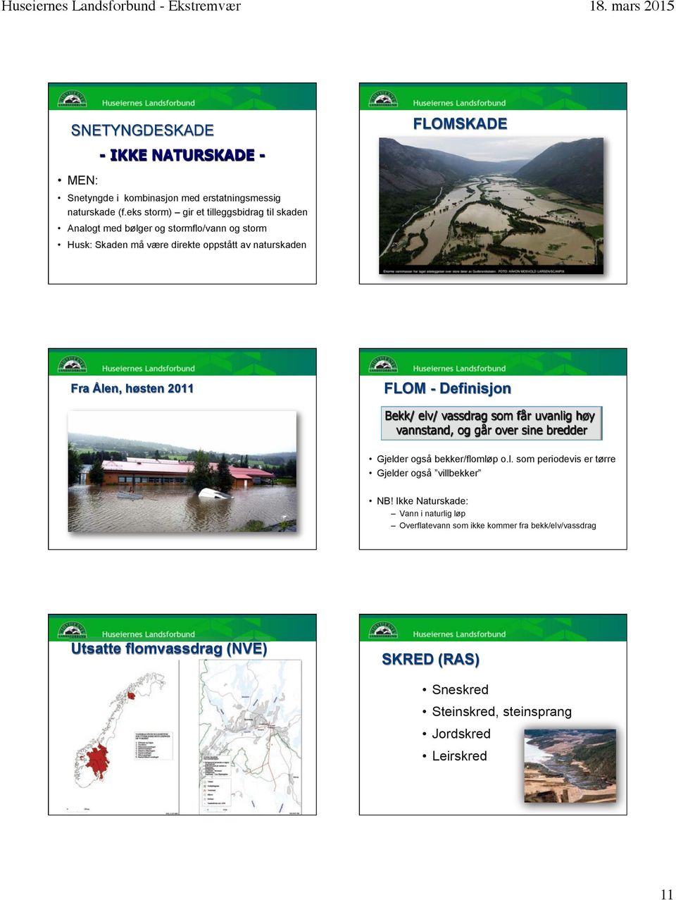 Ålen, høsten 2011 FLOM - Definisjon Bekk/ elv/ vassdrag som får uvanlig høy vannstand, og går over sine bredder Gjelder også bekker/flomløp o.l. som periodevis er tørre Gjelder også villbekker NB!