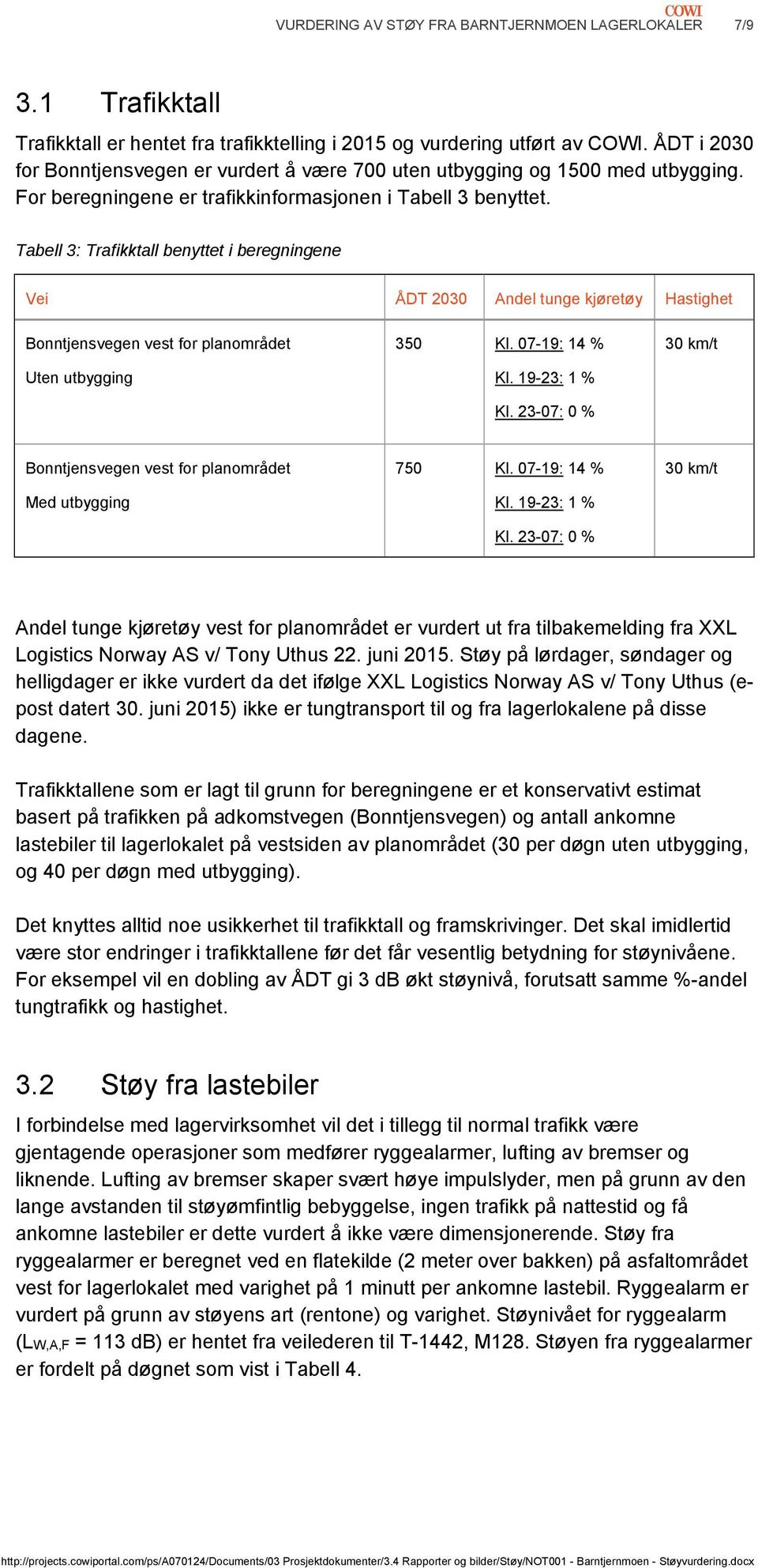 Tabell : Trafikktall benyttet i beregningene Vei ÅDT Andel tunge kjøretøy Hastighet Bonntjensvegen vest for planområdet Uten utbygging Kl. -19: 1 % Kl. 19-: 1 % Kl.