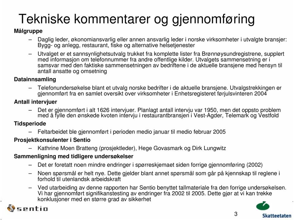 Utvalgets sammensetning er i samsvar med den faktiske sammensetningen av bedriftene i de aktuelle bransjene med hensyn til antall ansatte og omsetning Datainnsamling Telefonundersøkelse blant et