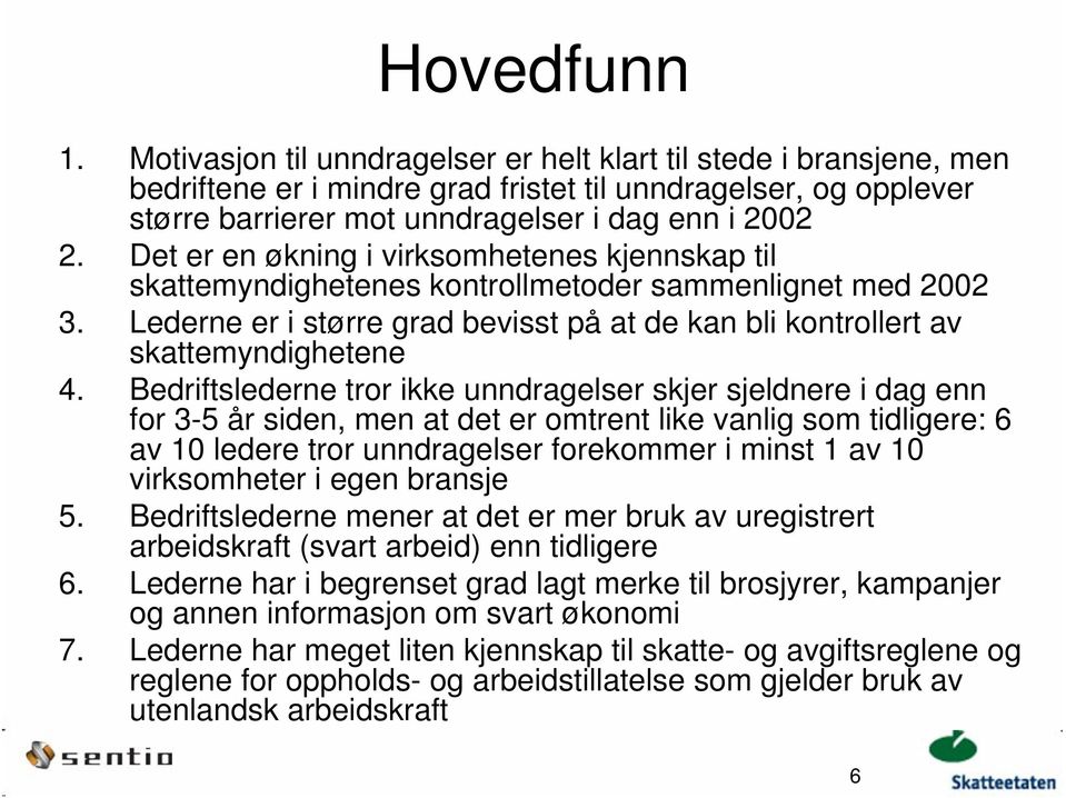 Det er en økning i virksomhetenes kjennskap til skattemyndighetenes kontrollmetoder sammenlignet med 2002 3. Lederne er i større grad bevisst på at de kan bli kontrollert av skattemyndighetene 4.