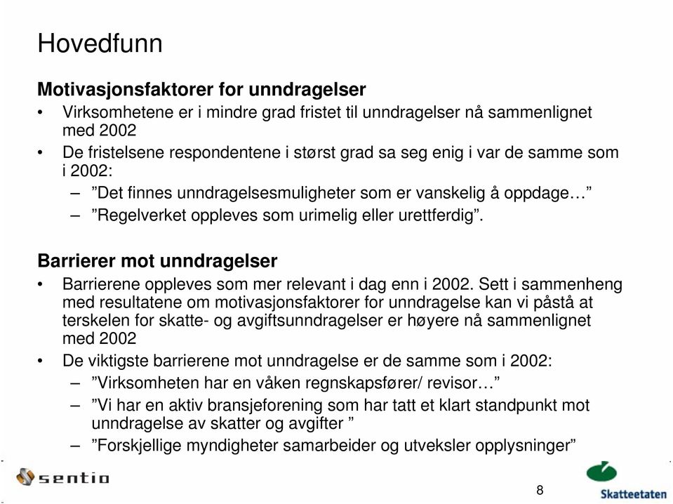 Barrierer mot unndragelser Barrierene oppleves som mer relevant i dag enn i 2002.