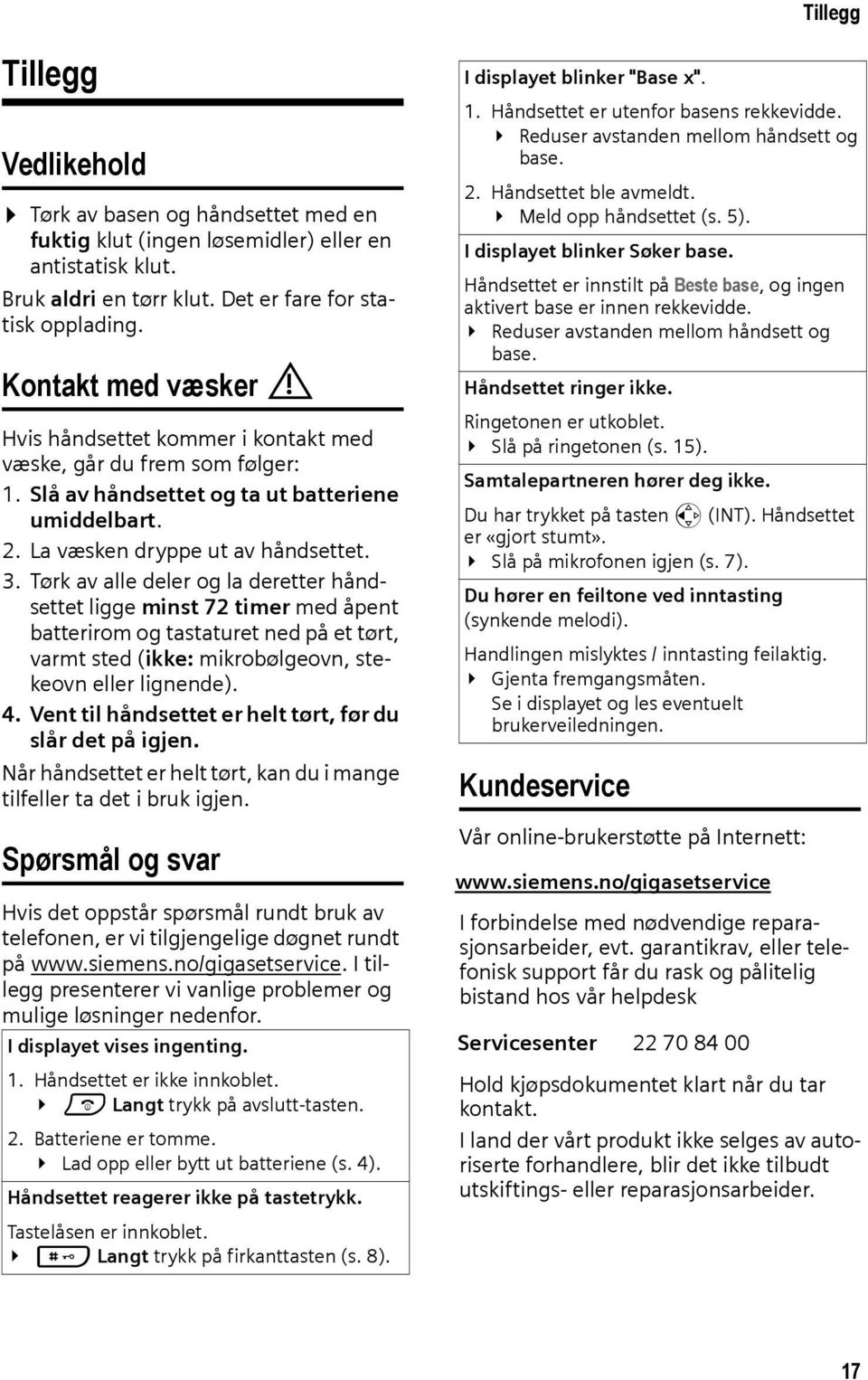 Tørk av alle deler og la deretter håndsettet ligge minst 72 timer med åpent batterirom og tastaturet ned på et tørt, varmt sted (ikke: mikrobølgeovn, stekeovn eller lignende). 4.