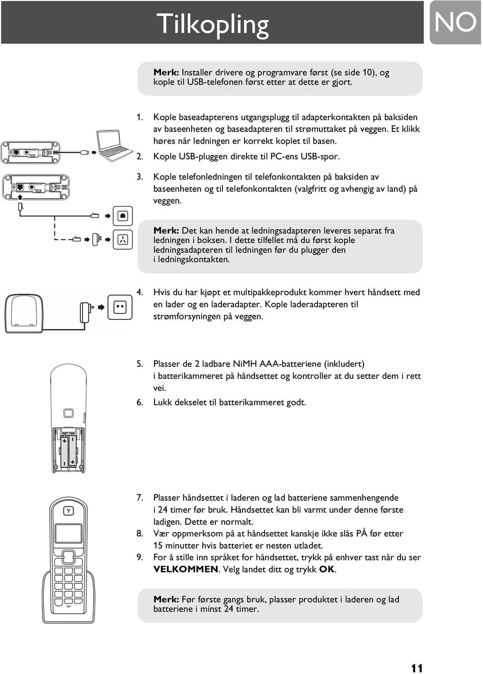 Kople telefonledningen til telefonkontakten på baksiden av baseenheten og til telefonkontakten (valgfritt og avhengig av land) på veggen.