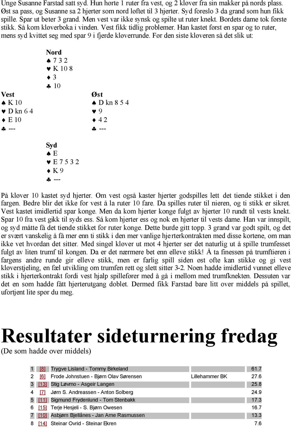 Vest fikk tidlig problemer. Han kastet først en spar og to ruter, mens syd kvittet seg med spar 9 i fjerde kløverrunde.