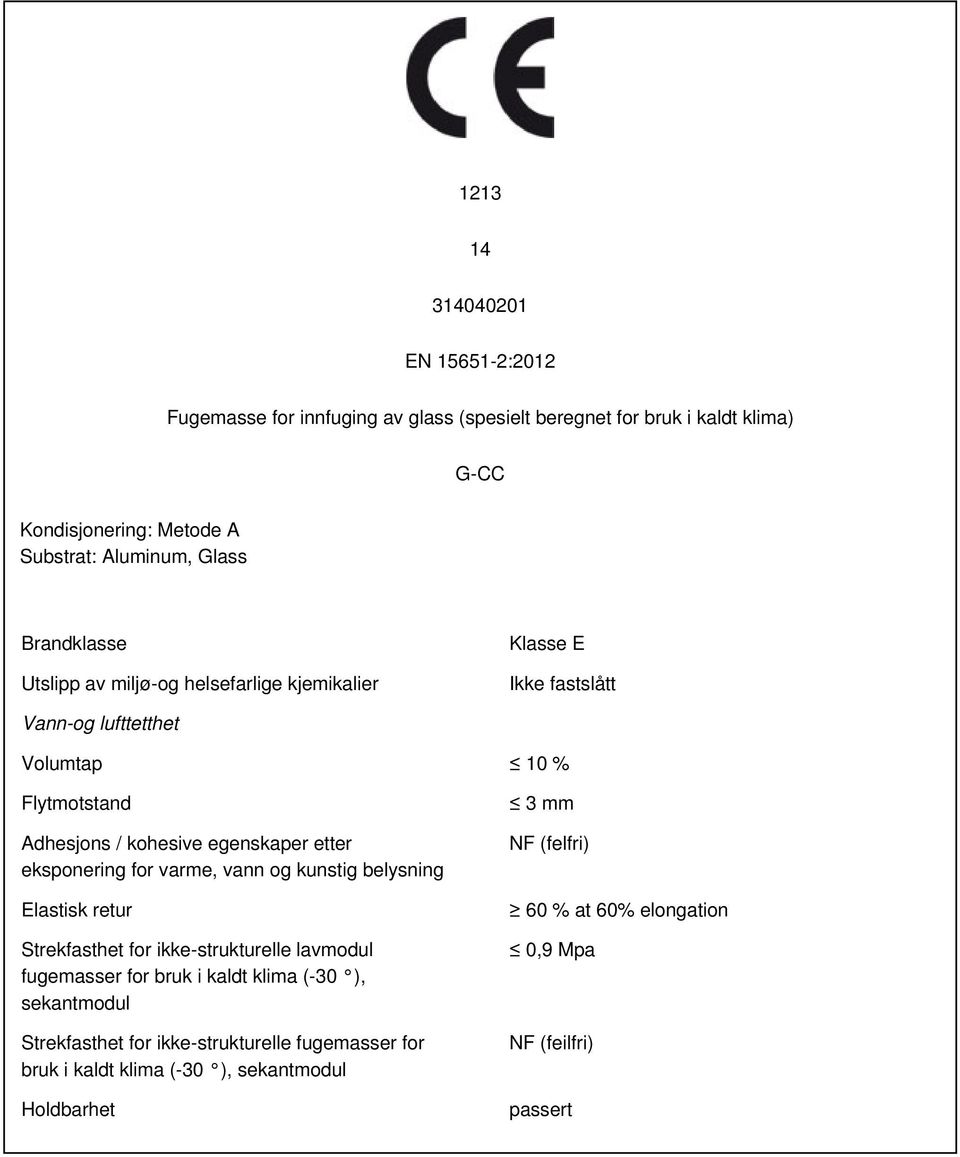 egenskaper etter eksponering for varme, vann og kunstig belysning NF (felfri) Elastisk retur 60 % at 60% elongation Strekfasthet