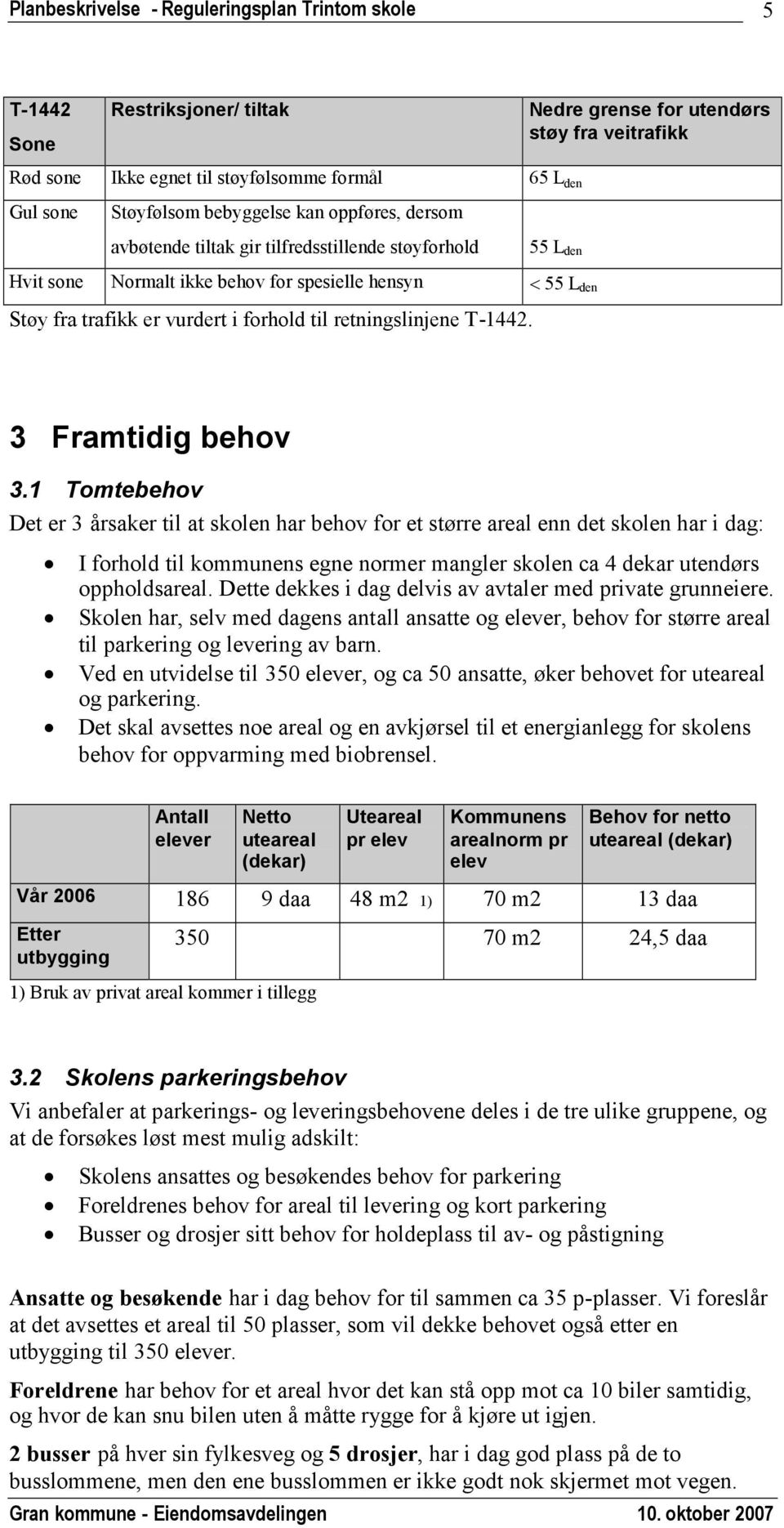 1 Tomtebehov Det er 3 årsaker til at skolen har behov for et større areal enn det skolen har i dag: I forhold til kommunens egne normer mangler skolen ca 4 dekar utendørs oppholdsareal.