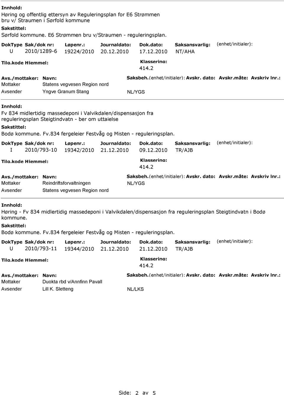 2010 NT/AHA Mottaker Statens vegvesen Region nord Yngve Granum Stang Fv 834 midlertidig massedeponi i Valvikdalen/dispensasjon fra reguleringsplan Steigtindvatn - ber om uttaielse Bodø kommune. Fv.834 fergeleier Festvåg og Misten - reguleringsplan.